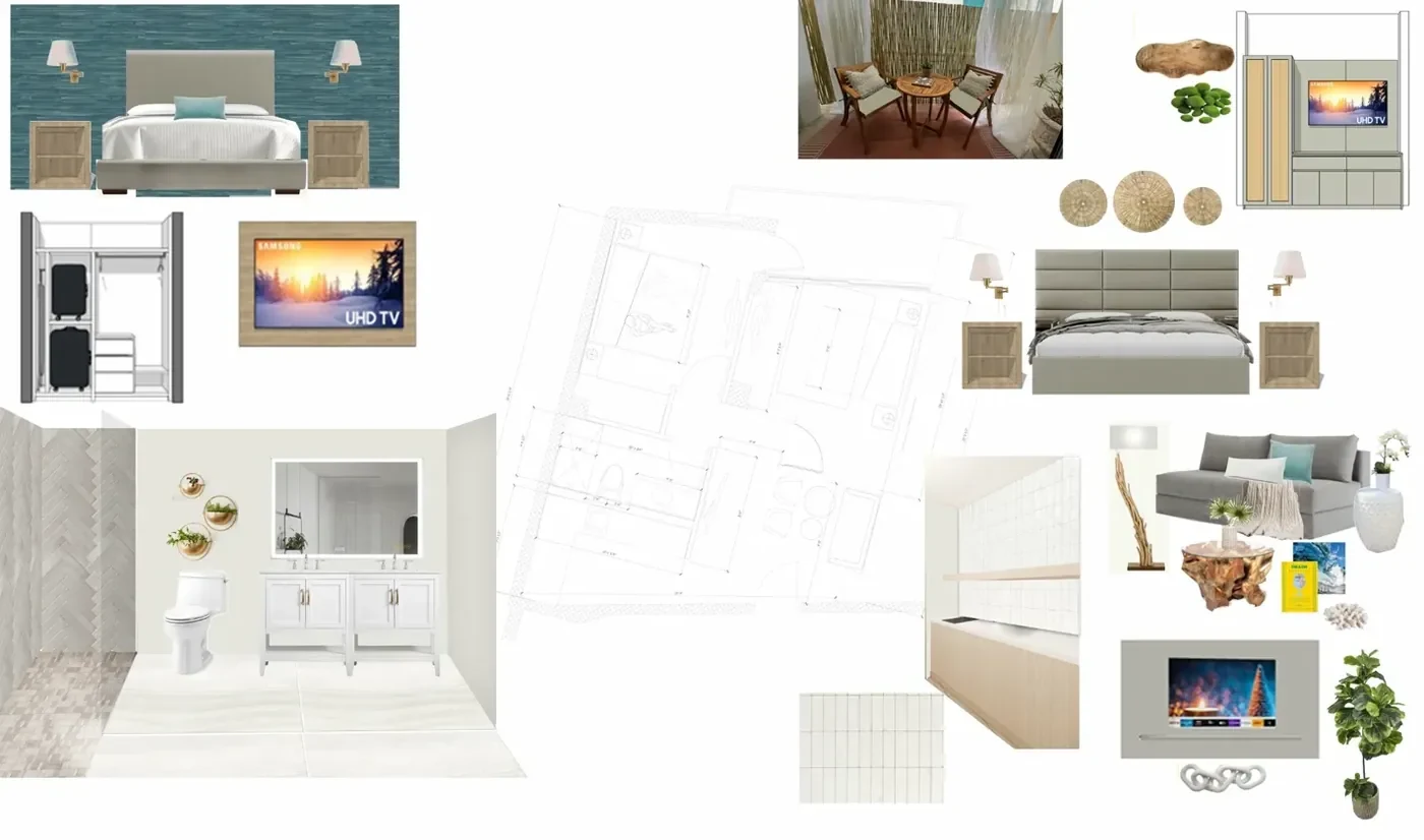 FF&E specification collage for Bentley Hotel South Beach — furniture selections, palette, lighting and room components, IV Atelier boutique hotel renovation Miami Beach