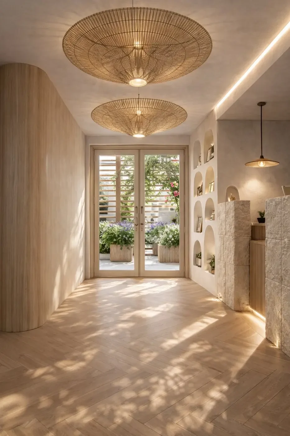 Luxury restaurant entry hallway interior design Miami Beach — sun-dappled herringbone hardwood floors beneath two oversized flat rattan disc chandeliers, arched built-in shelving nooks with terracotta accents and floor-to-ceiling glass doors opening to a lush garden, IV Atelier Brisa Casa Ocean Drive South Beach