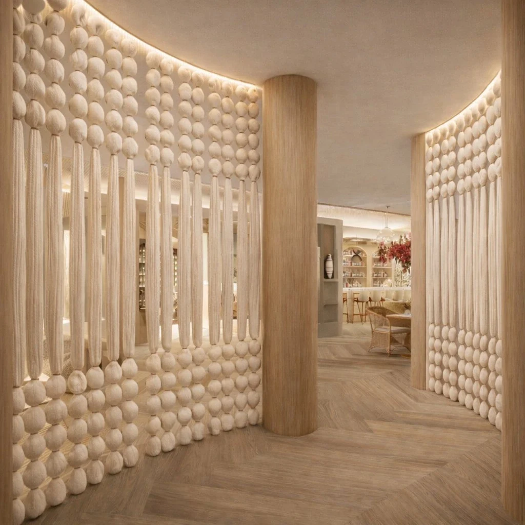 Curved sculptural macramé partition corridor in luxury South Beach restaurant — ivory bubble-textured room divider wrapping around a warm oak column with LED cove ceiling lighting, leading to the candlelit dining room beyond, IV Atelier Brisa Casa interior design Miami