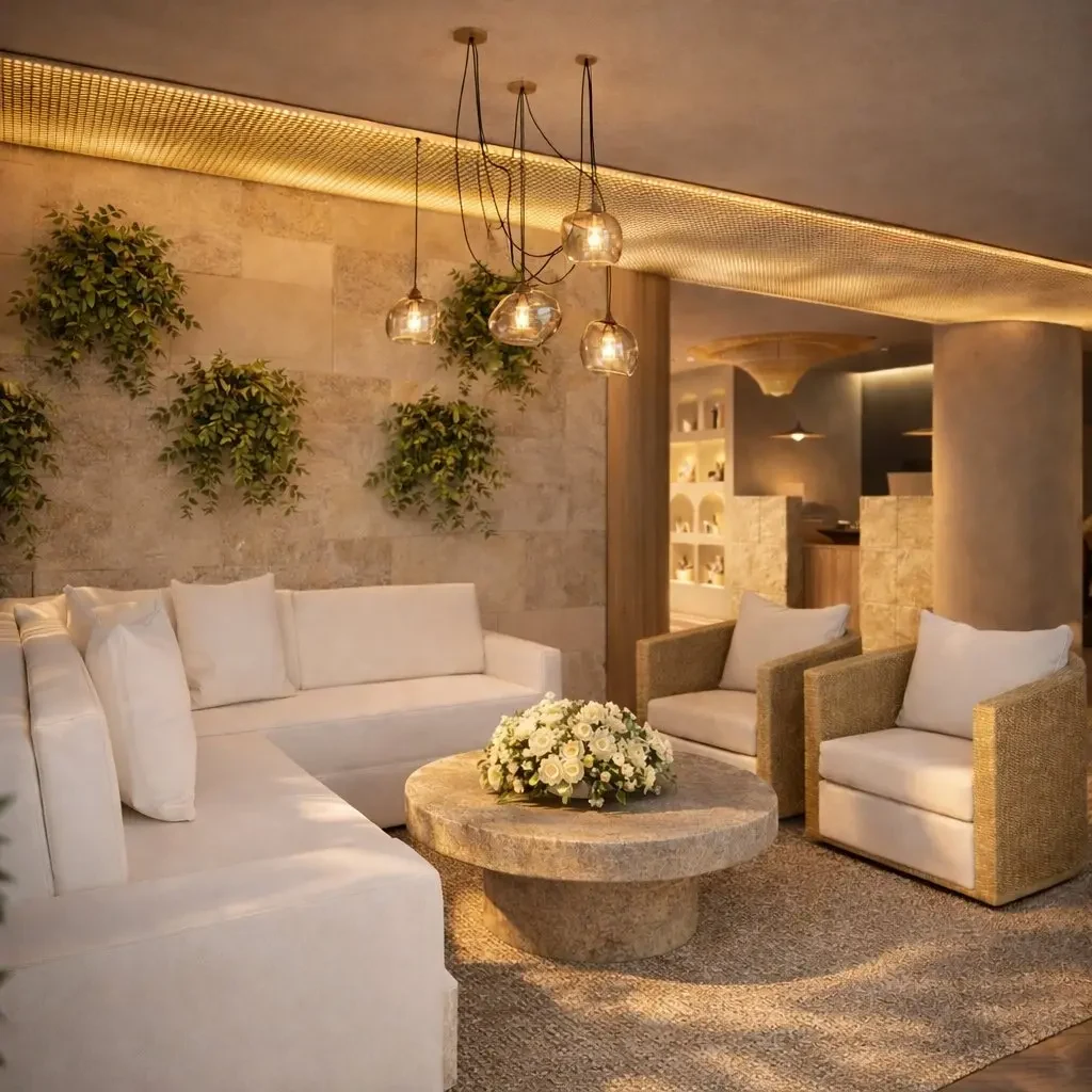 Luxury lounge interior design South Beach Miami — warm evening lighting, travertine stone accent wall with cascading greenery, white sectional sofa, round stone coffee table with white floral arrangement, rattan armchair, gold lattice ceiling detail, IV Atelier Brisa Casa Ocean Drive