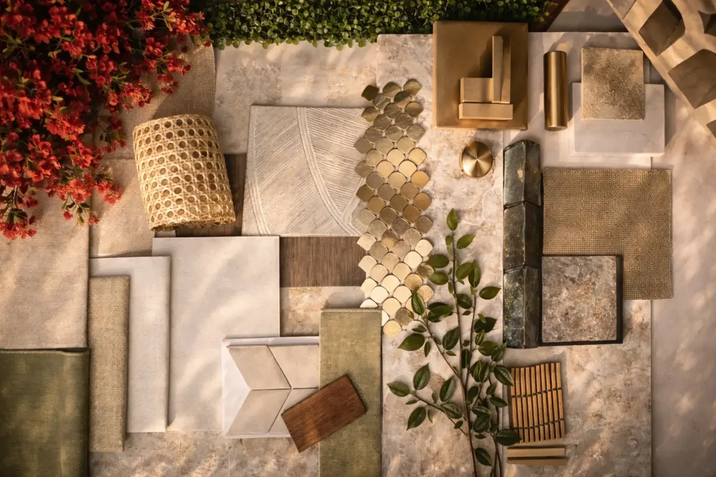 Interior finish and material specification board for Brisa Casa luxury restaurant South Beach Miami — natural ivory travertine stone slab, handwoven rattan cane panelling, brushed brass fish-scale mosaic tile, warm linen upholstery fabric swatches and European white oak herringbone hardwood floor sample, IV Atelier luxury hospitality interior design concept Miami Beach