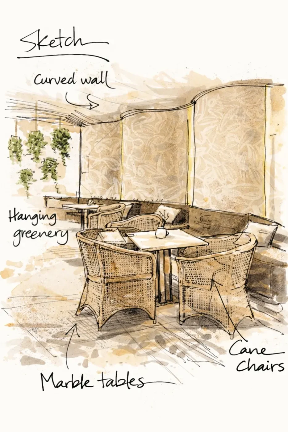 Hand-drawn interior design concept sketch for Brisa Casa restaurant Miami — pencil and watercolor drawing of curved dining room with handwoven cane barrel chairs, white marble-top tables, hanging trailing botanicals from ceiling and textured plaster curved wall, IV Atelier design concept drawing South Beach Ocean Drive