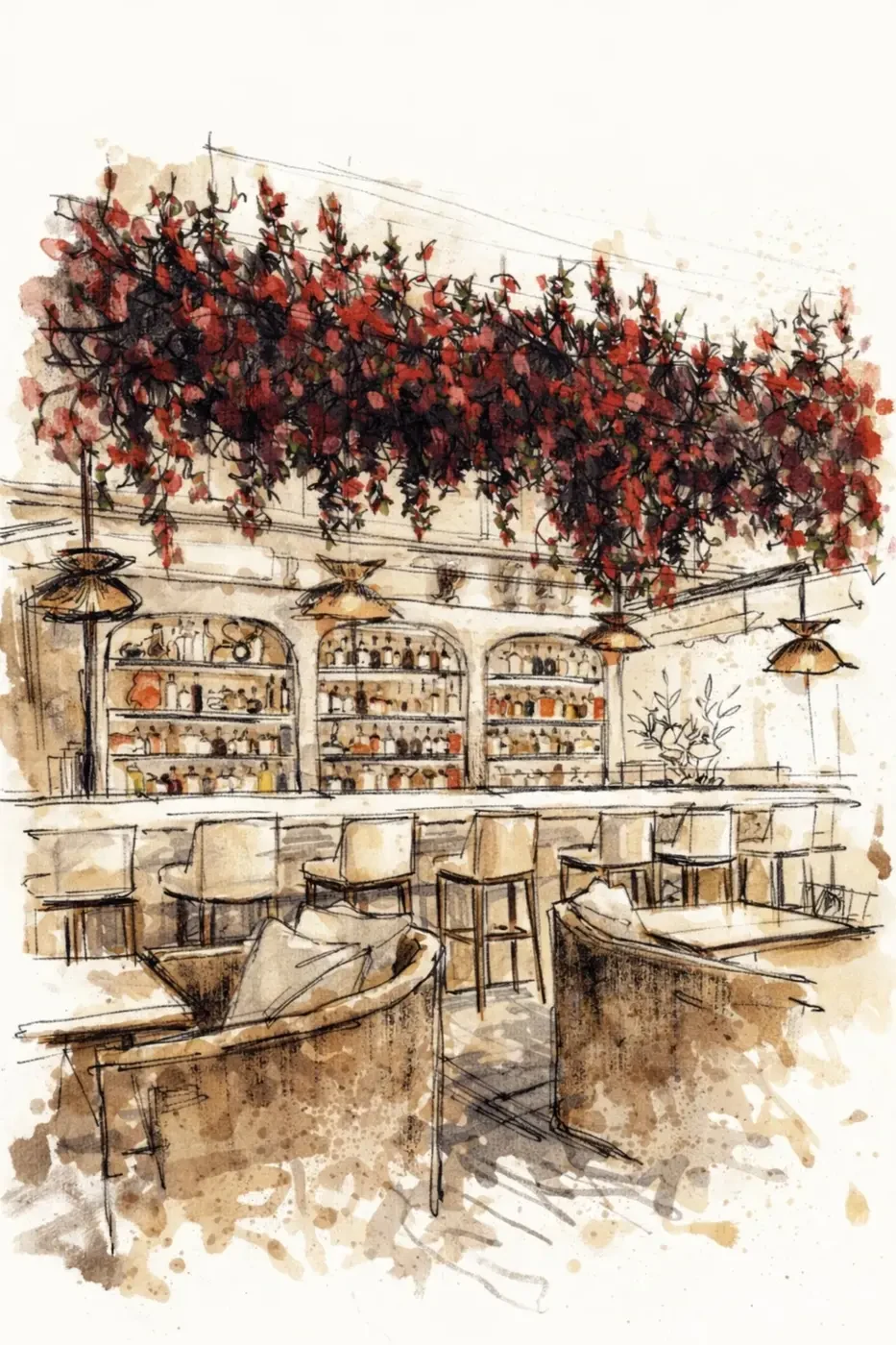 Watercolor concept sketch of Brisa Casa bar South Beach Miami — hand-drawn illustration of dramatic cascading red bougainvillea canopy above three arched back-lit spirit bottle display alcoves with upholstered lounge seating in foreground, IV Atelier luxury restaurant bar interior design concept Miami Beach