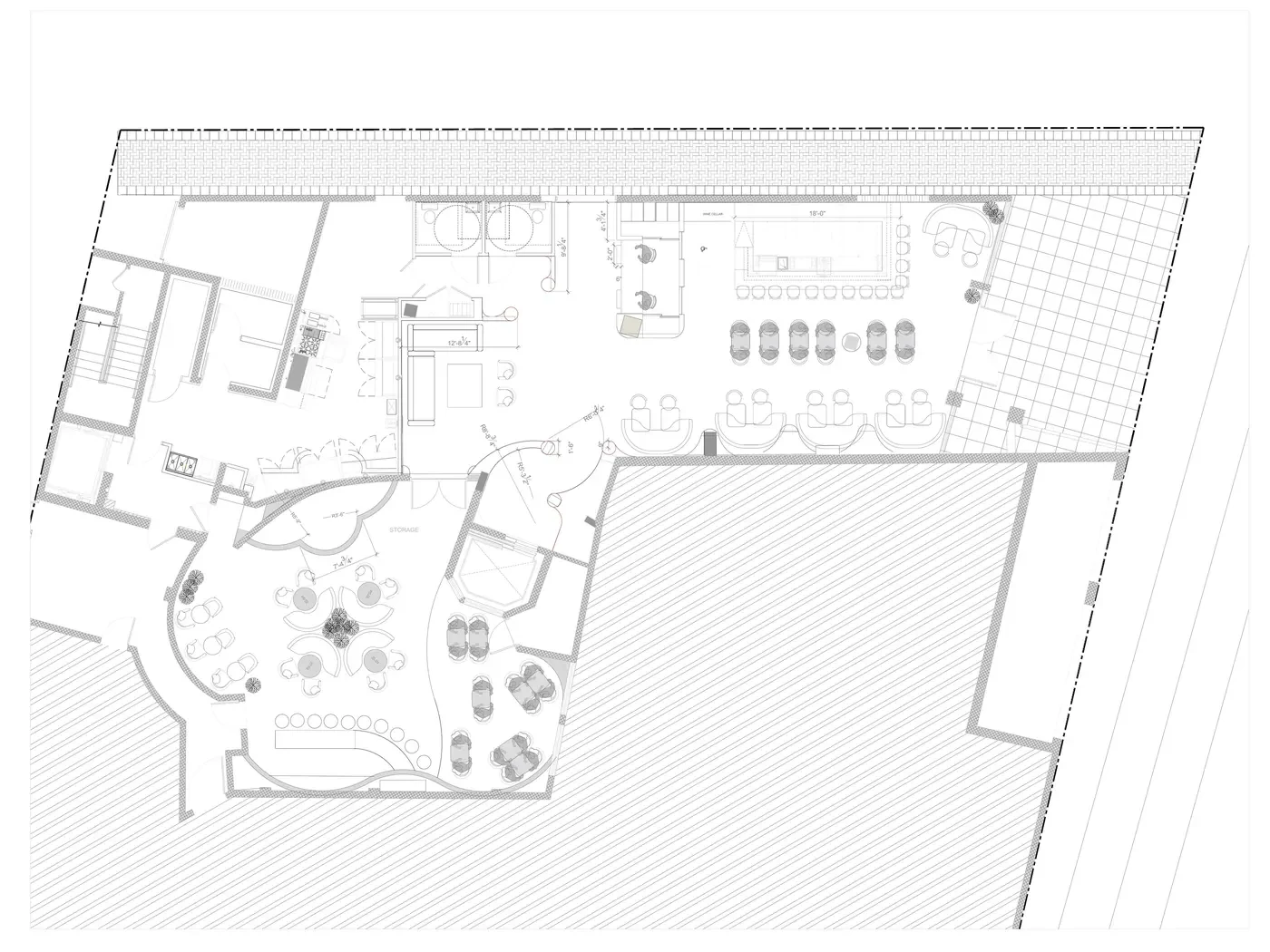 Architectural space planning floor plan for Brisa Casa luxury restaurant and lounge — detailed layout drawing showing curved open dining room, intimate banquette zones, private lounge area, bar counter with bottle display, wine cellar and service circulation on Ocean Drive South Beach Miami, IV Atelier concept development and FF&E space planning