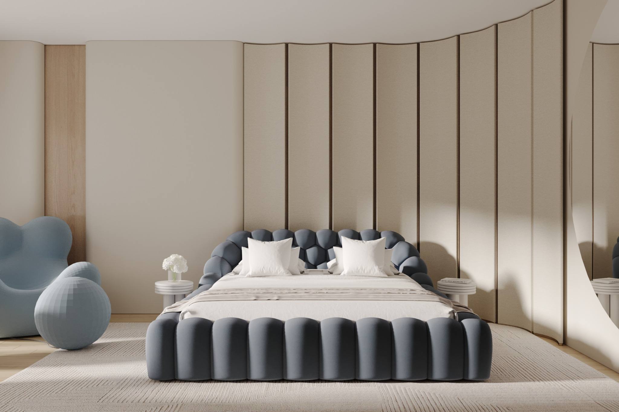 Fisher Island residence primary bedroom — sculptural upholstered bed with rounded headboard, curved wall panels with vertical reveals, warm oak accents, and soft daylight for a serene modern interior by IV Atelier