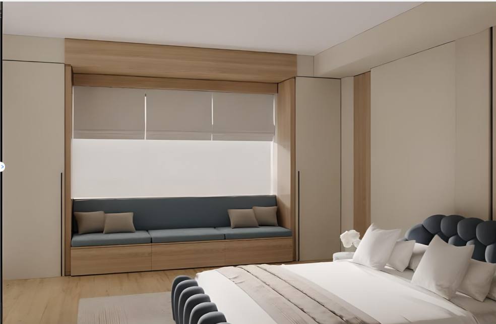 Fisher Island residence master bedroom — built-in window seat and millwork concept with integrated upholstered bench, oak surround, and concealed storage designed for calm and functional living by IV Atelier