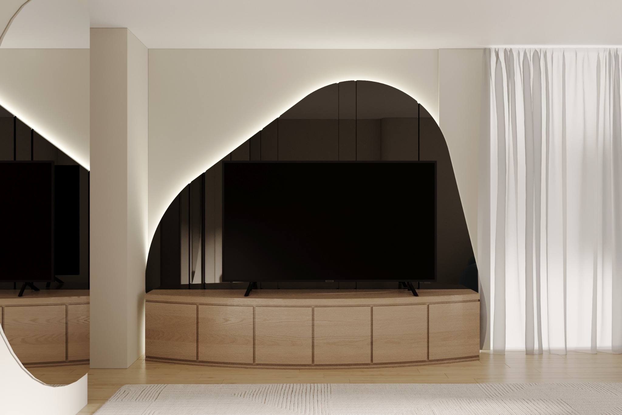 Fisher Island residence media wall — large television set within a sculptural arched surround with backlit edge glow above minimalist oak cabinetry, sheer curtains filtering natural light, IV Atelier