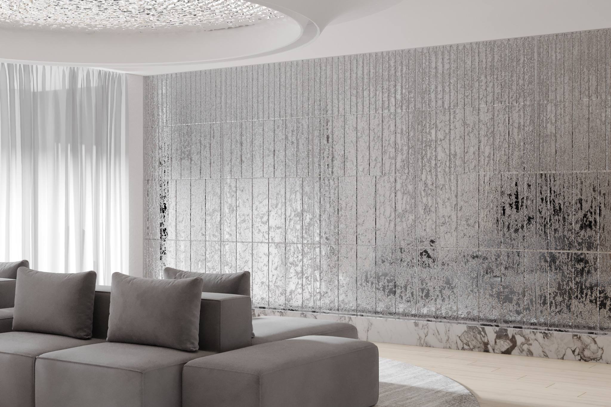 Fisher Island residence feature wall detail — textured cladding with vertical rhythm and subtle reflective finish, framed by curved ceiling geometry for a quiet luxe surface shimmer, IV Atelier