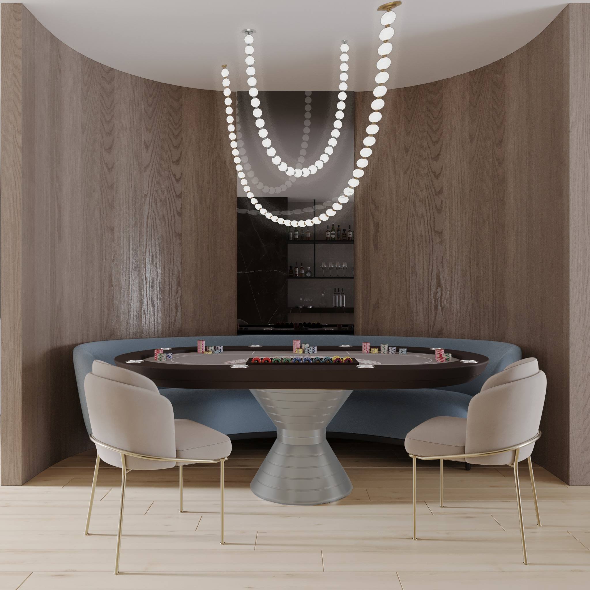 Fisher Island residence entertainment lounge — curved oak surround with integrated banquette seating, custom poker table, brass-accent lounge chairs, and cascading globe pendant lights for a refined hosting experience by IV Atelier