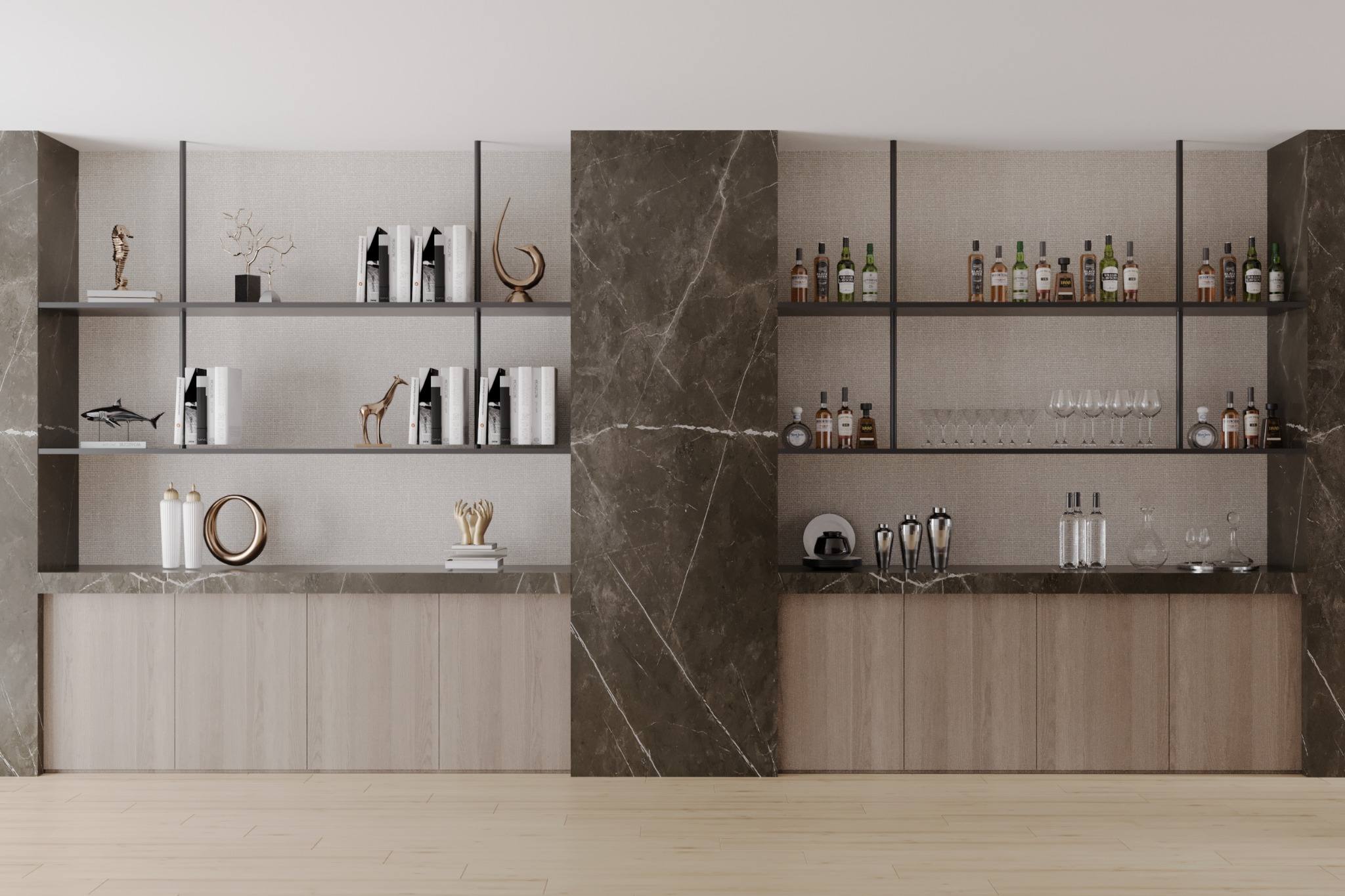 Fisher Island residence custom bar — floating black metal shelves, stone-clad vertical panels, warm oak base cabinetry, and curated glassware arranged in a clean gallery-like composition by IV Atelier