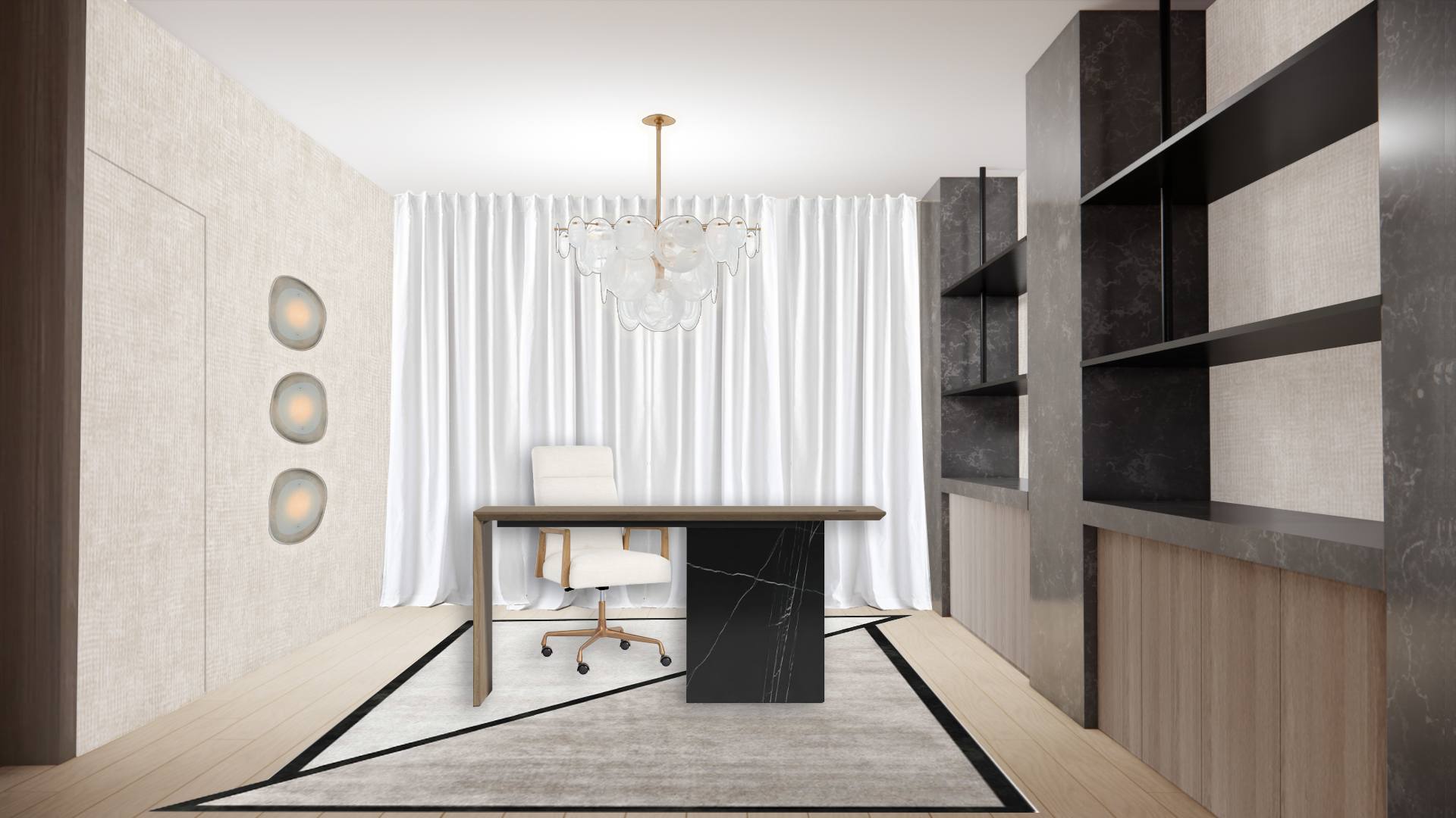 Fisher Island residence home office — clean-lined desk with stone pedestal, tailored rug with geometric border, floor-to-ceiling built-in shelving, sculptural chandelier, and soft curtain-filtered light by IV Atelier