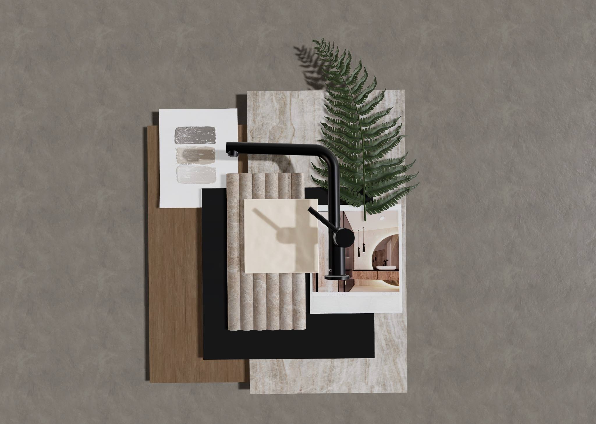 Fisher Island residence material palette — zen kitchen atmosphere reference with warm neutrals and calm minimal detailing, informing the residence's restrained luxury palette by IV Atelier
