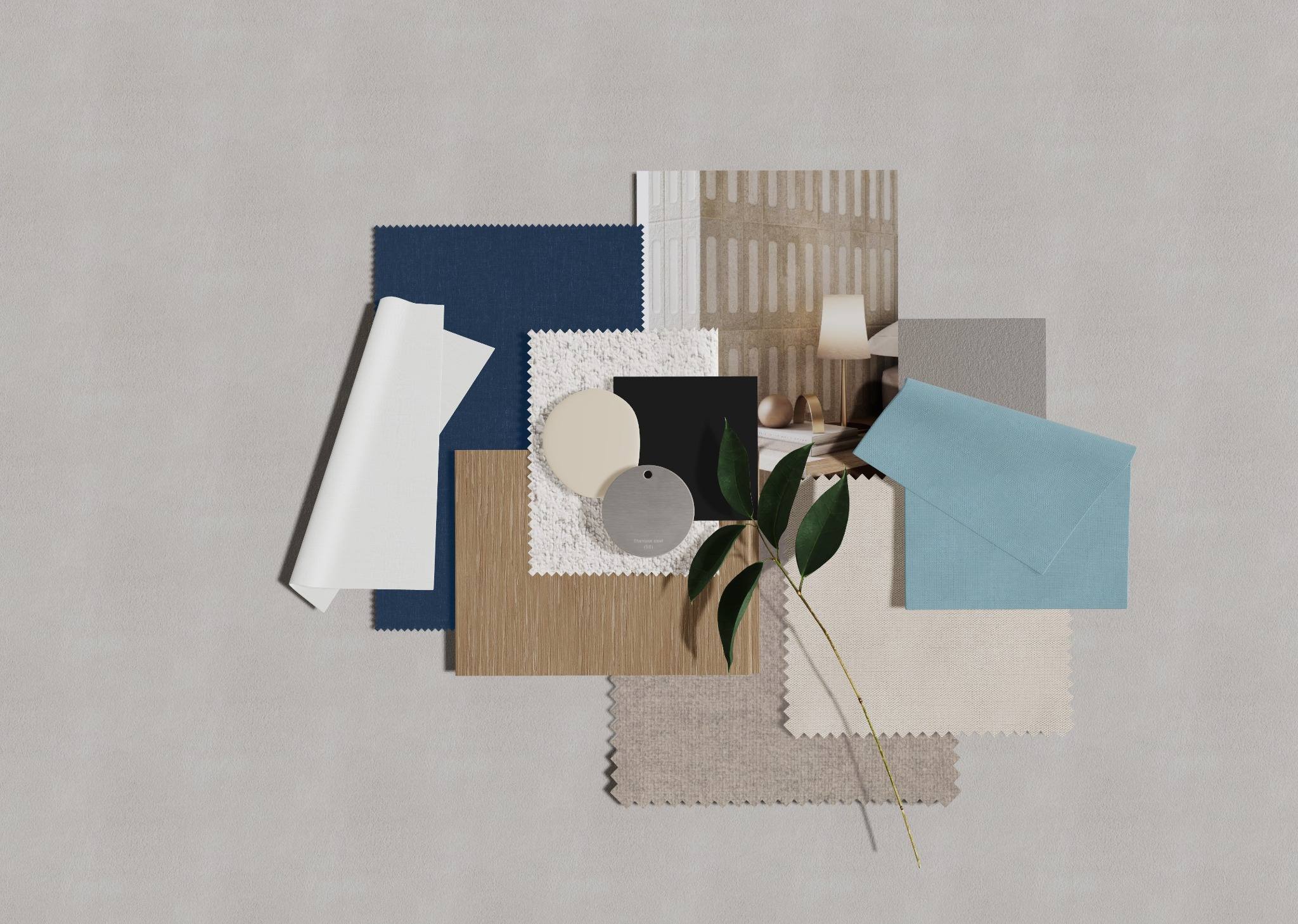 Fisher Island residence material references — japandi-inspired textures and chrome accents informing the modern coastal restraint and refined material language by IV Atelier