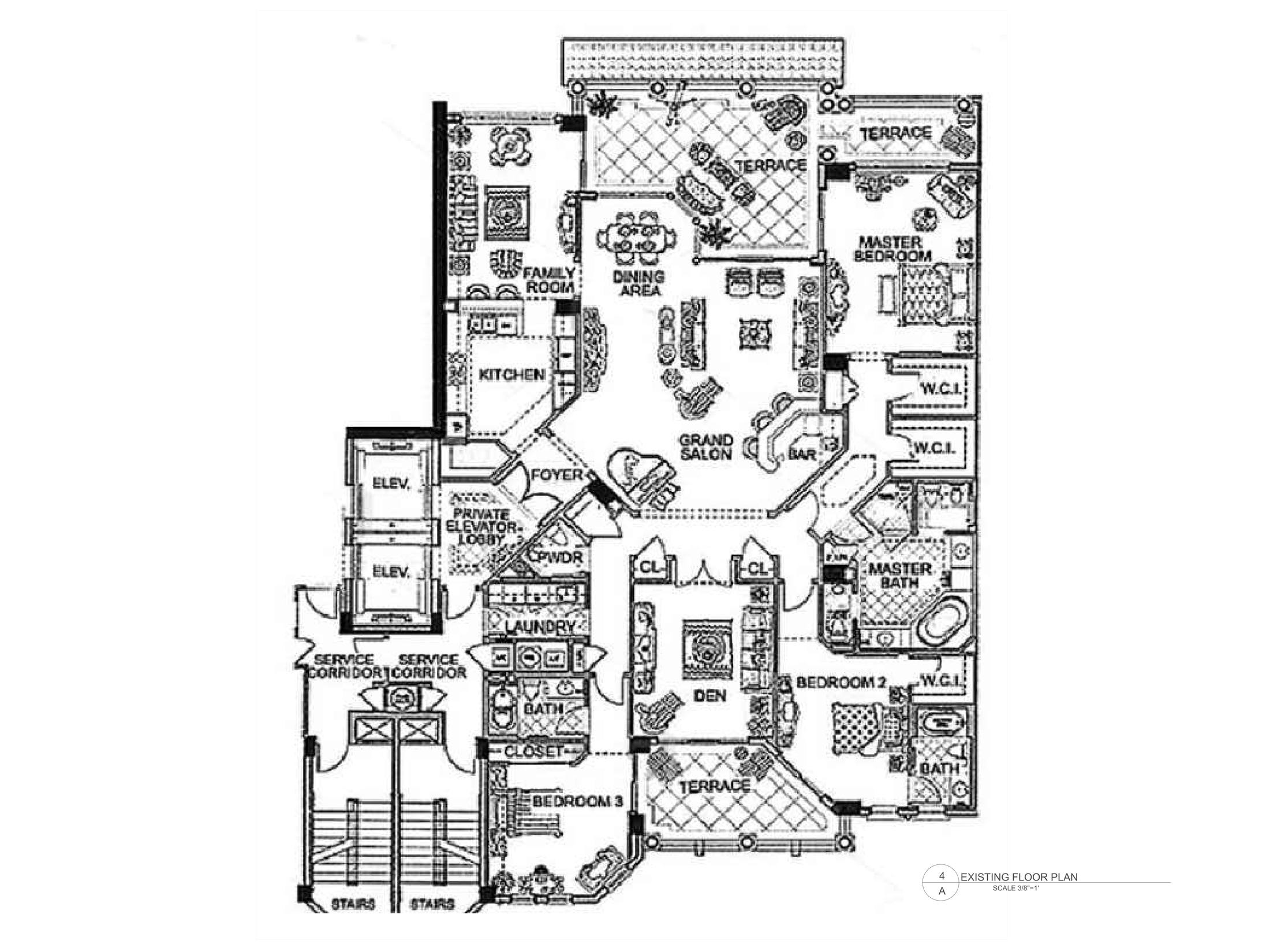 Fisher Island residence existing floor plan — original layout used as baseline for the entertaining-focused floor plan redesign and circulation improvements by IV Atelier