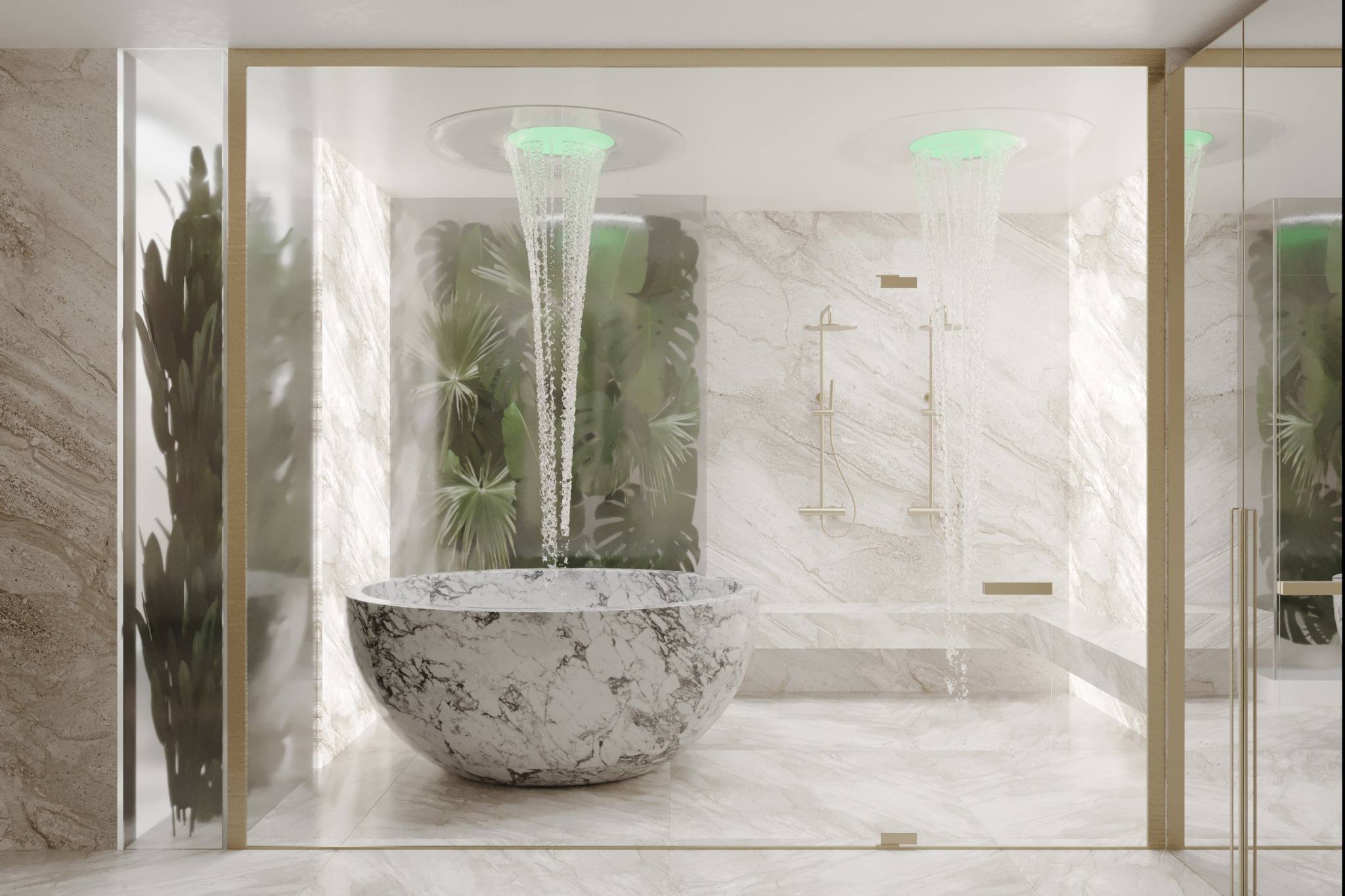 Fisher Island residence spa bath — sculptural oval marble tub behind frameless glass, ceiling-mounted water feature, layered stone surfaces, and soft greenery silhouettes behind translucent panels by IV Atelier