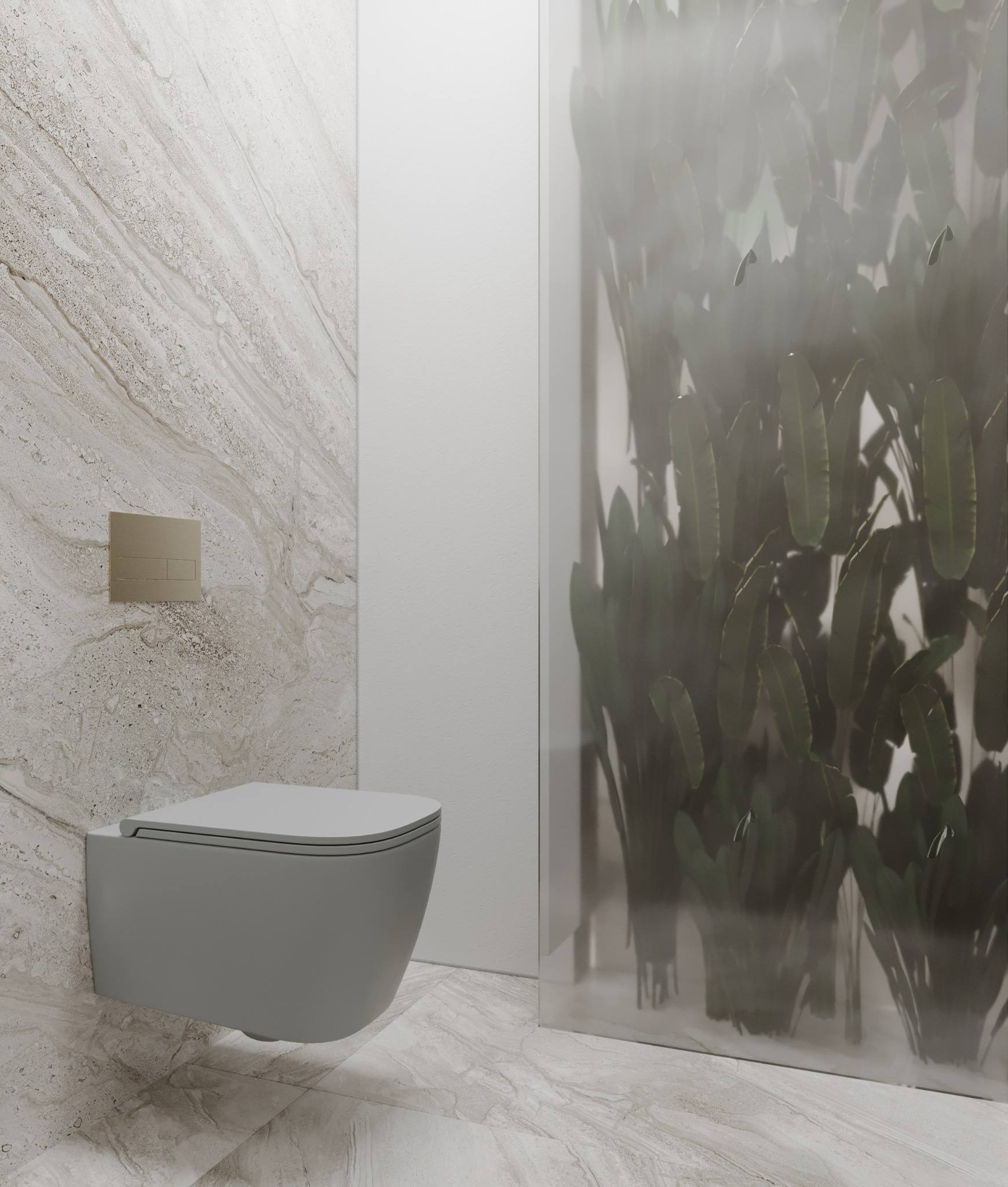 Fisher Island residence bathroom detail — wall-hung toilet with concealed flush plate, large-format stone tile with warm veining, and frosted glass screen with soft botanical shadow by IV Atelier