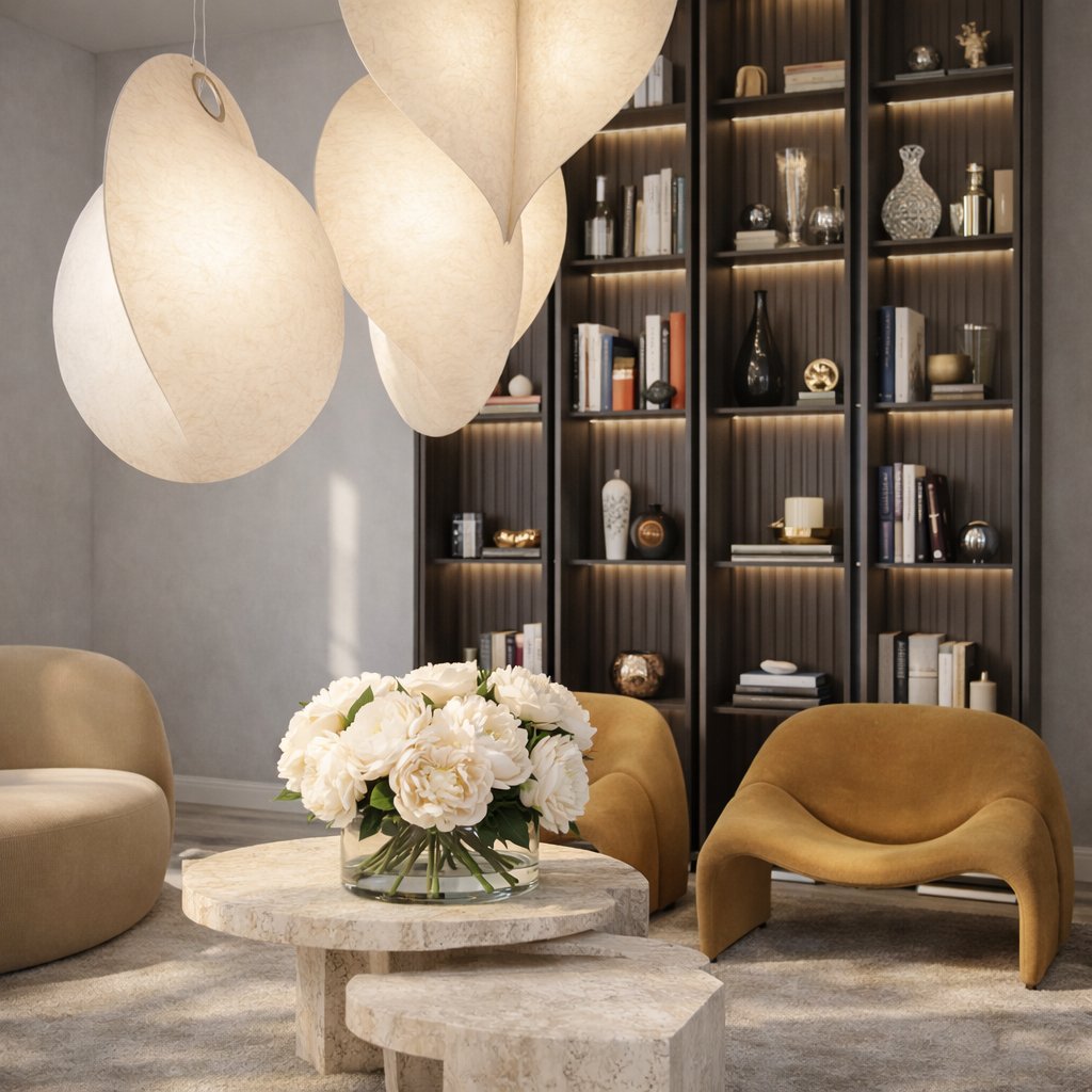 IV Atelier luxury interior design — organic modern lounge with sculptural travertine coffee table, oversized cocoon pendant lights, deep ochre curved lounge chairs and illuminated dark oak bookcase, Miami interior design by Irena Viitiuk