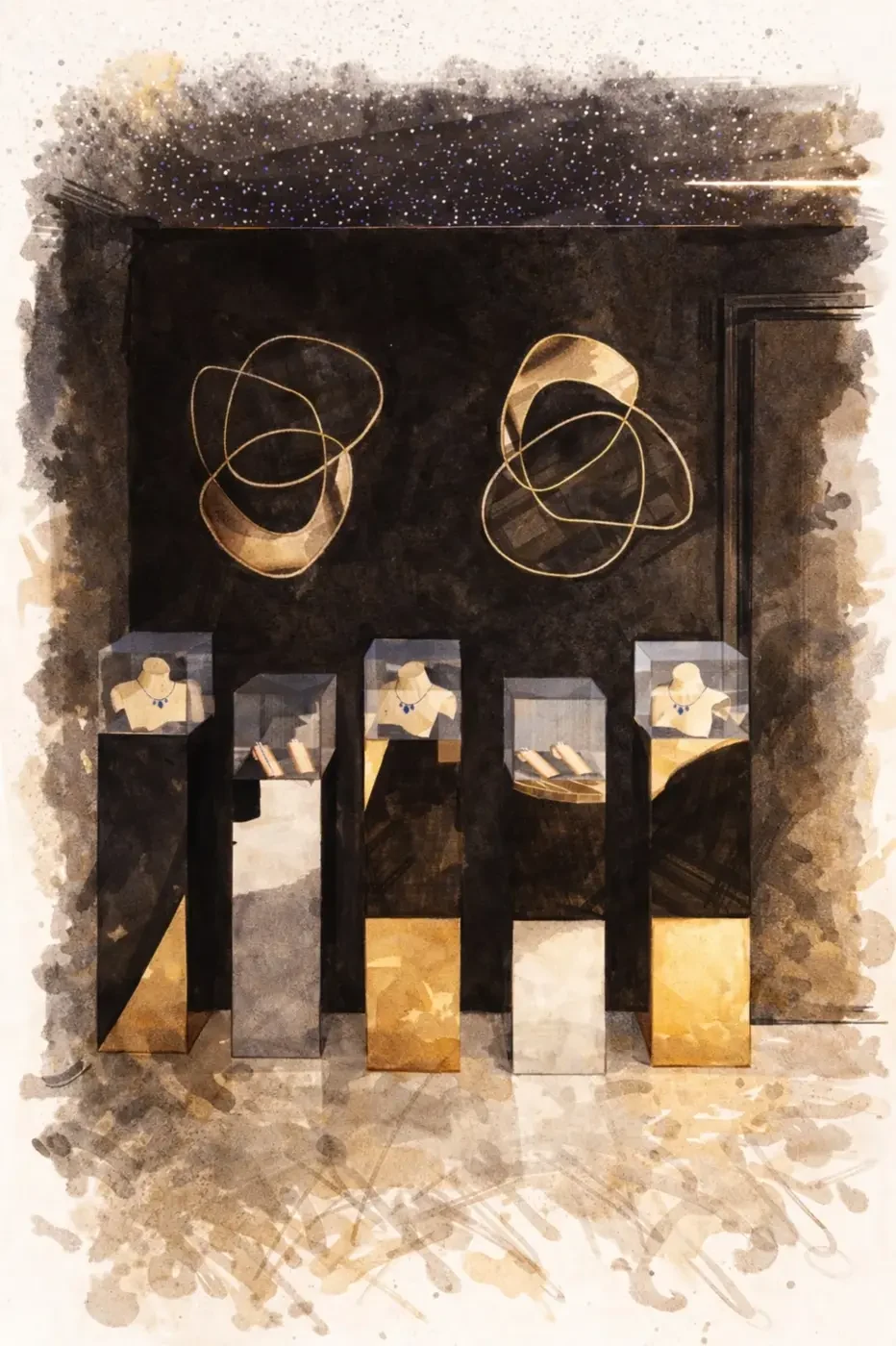 Luxzen concept sketch — jewelry display pedestals with orbital wall art.