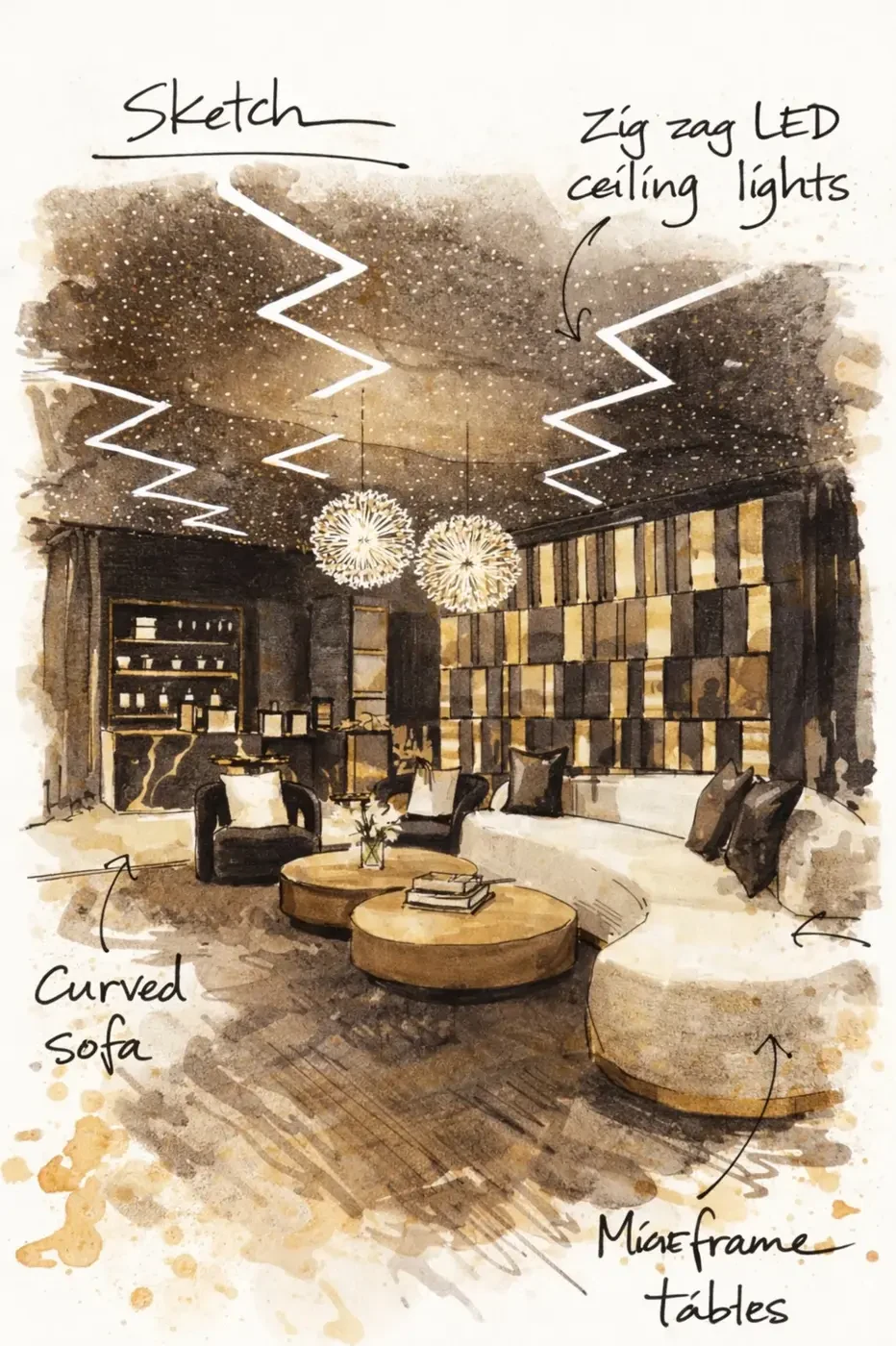 Luxzen concept sketch — lounge with curved sofa and zig-zag LED ceiling.