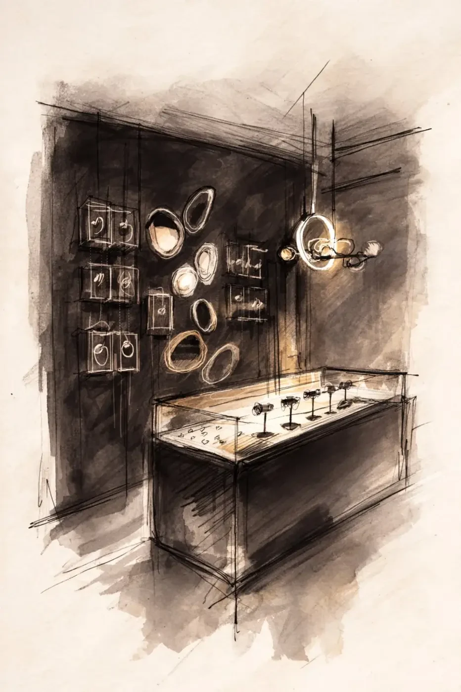 Luxzen concept sketch — display counter, wall installation and ring chandelier.