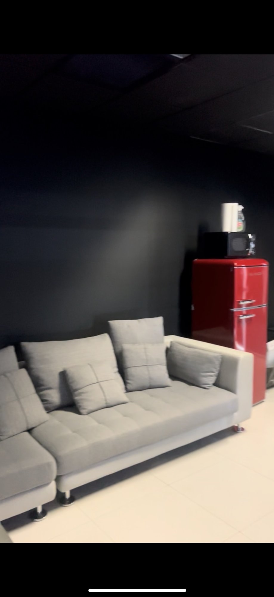 Before — original space with grey sofa and red retro fridge.