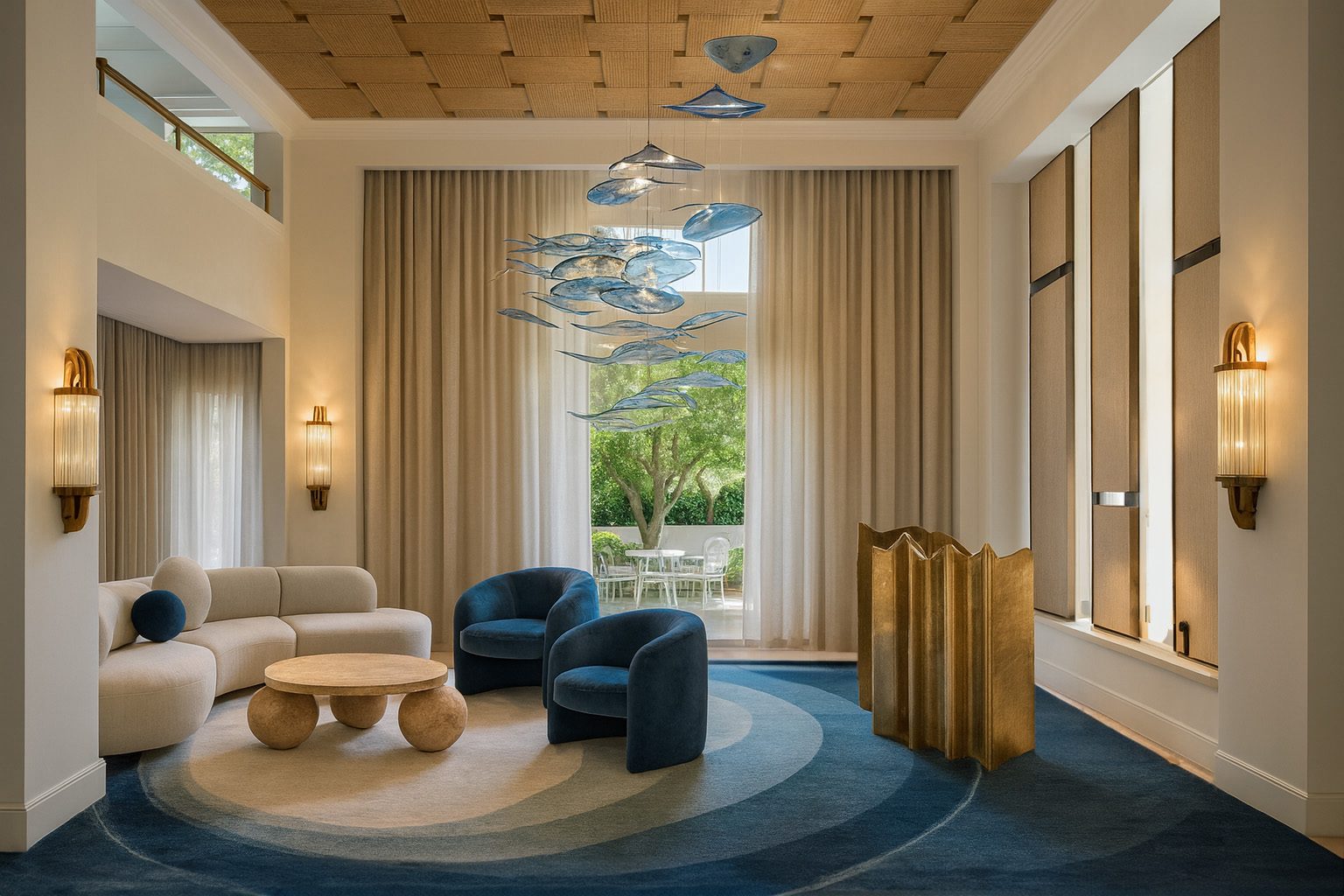 Alternative view of Park Central Hotel lobby concept showing sculptural lighting and elegant Art Deco inspired seating