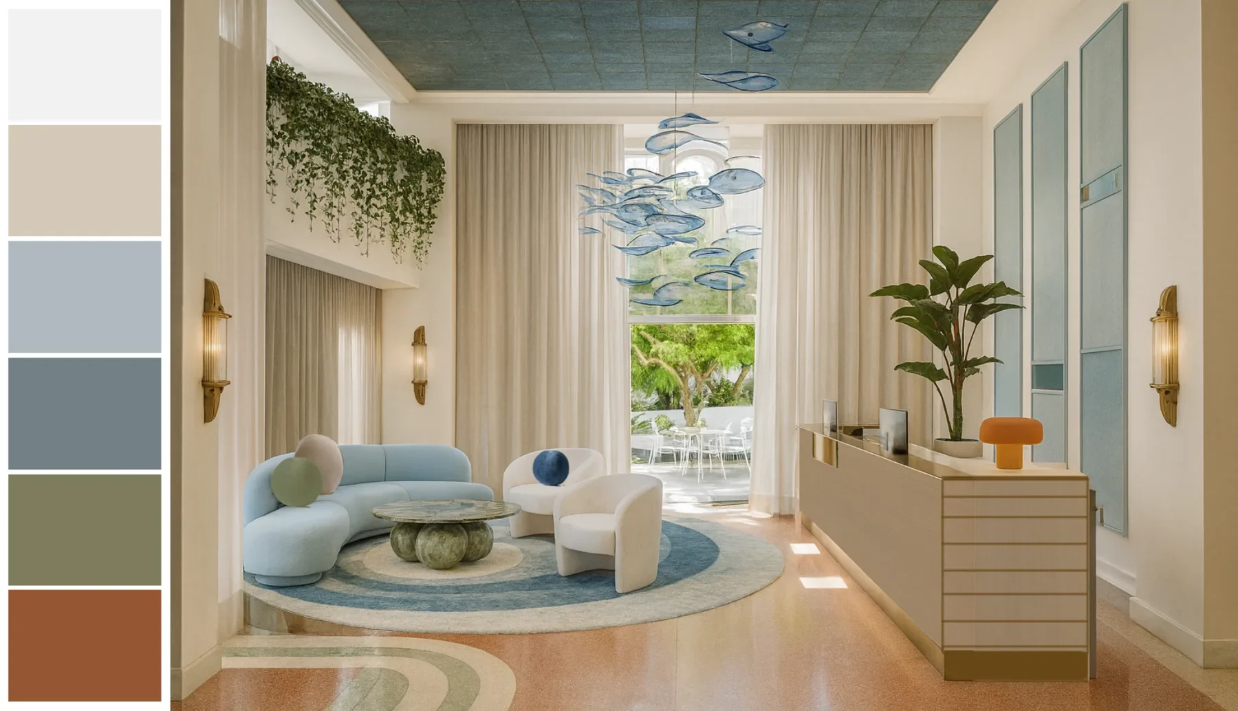 Park Central South Beach lobby interior design concept showing Art Deco geometry and vibrant hospitality atmosphere