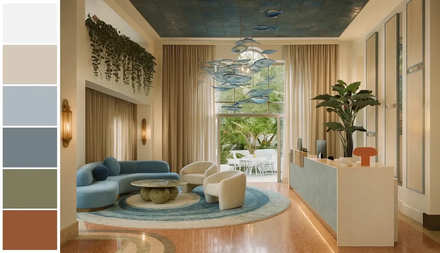 Park Central South Beach lobby interior design concept showing Art Deco geometry and vibrant hospitality atmosphere — variation