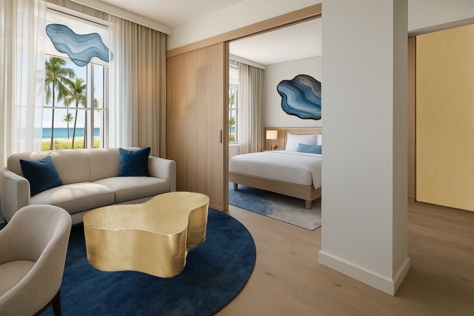 Luxury boutique hotel guest room design concept for Park Central Hotel South Beach with coastal palette and modern Art Deco style