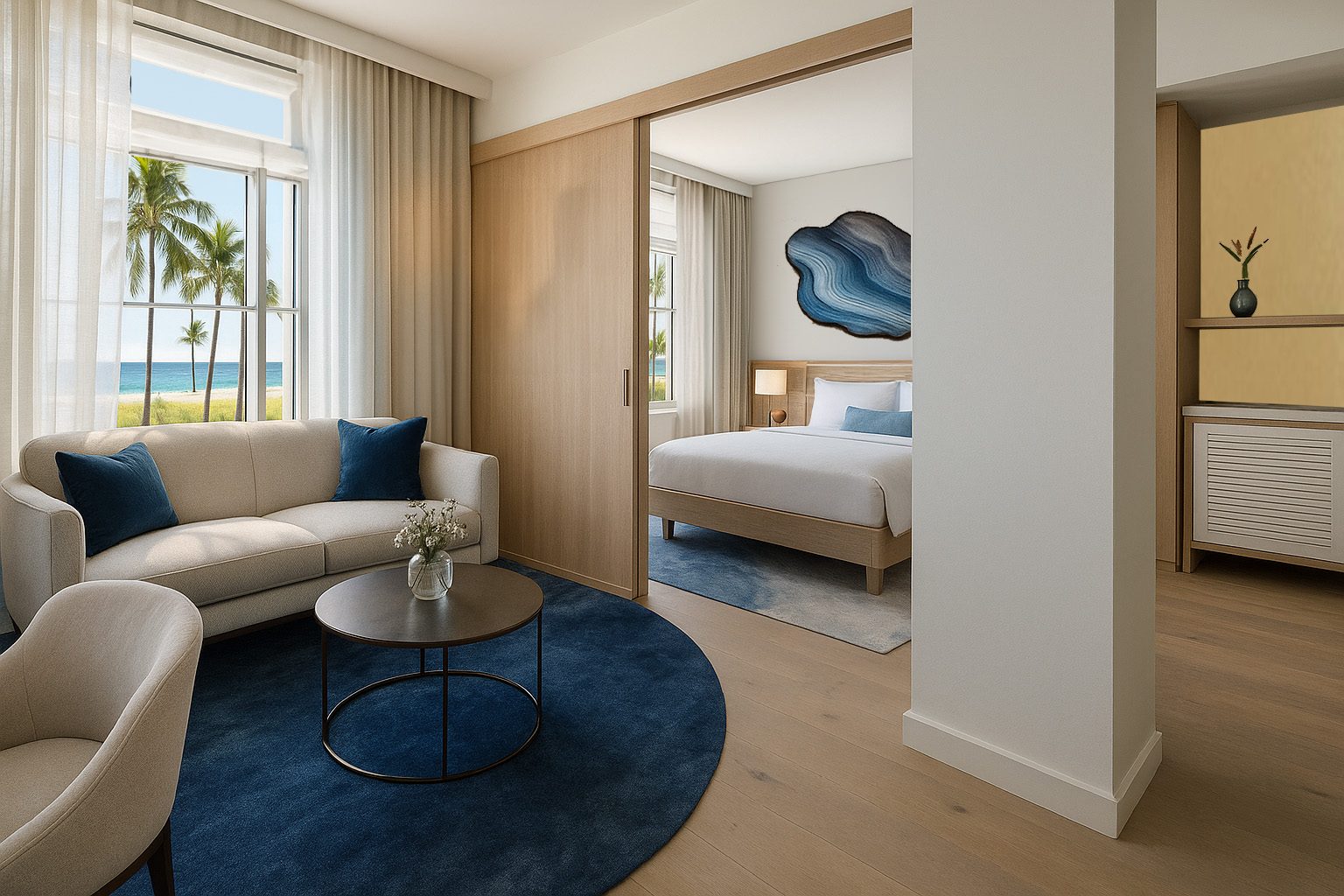 Luxury boutique hotel guest room design concept for Park Central Hotel South Beach with coastal palette and modern Art Deco style — variation