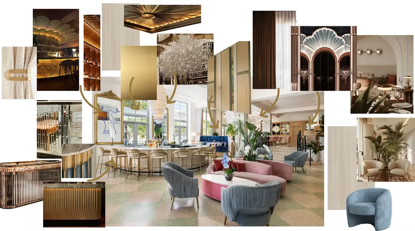 Restaurant interior concept mood board for luxury Miami Beach hotel dining space