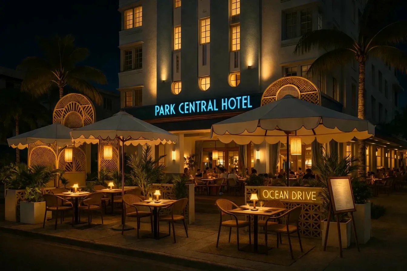 Park Central Hotel facade at night on Ocean Drive Miami Beach with glowing neon signage and outdoor dining terrace