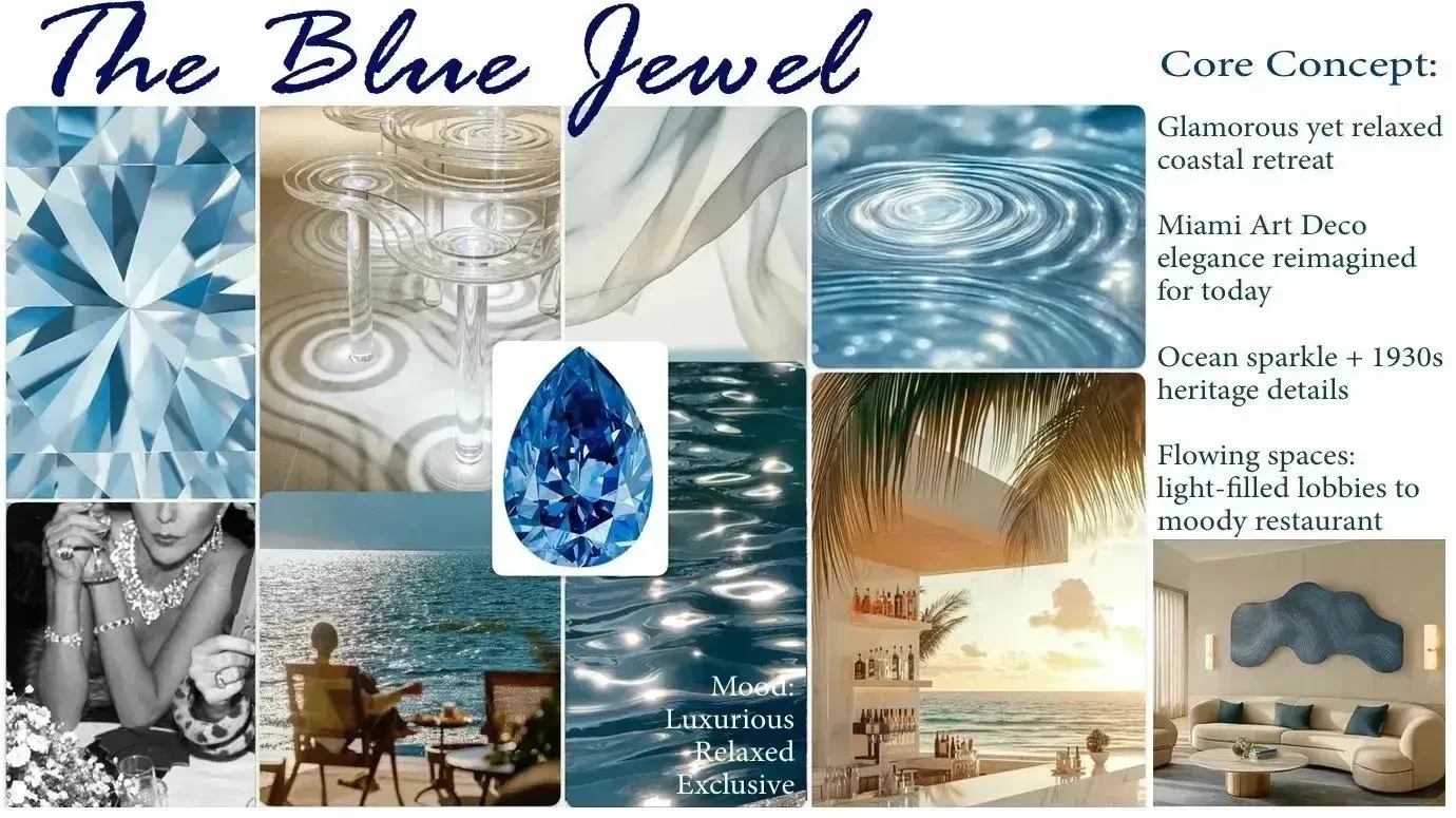 The Blue Jewel concept mood board for Park Central Hotel showing ocean sparkle, Art Deco references, jewel tones, and coastal luxury atmosphere