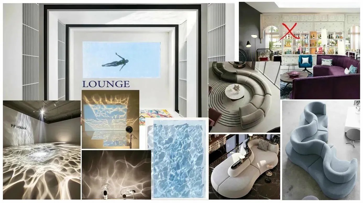 Lounge interior concept mood board for Park Central Hotel South Beach showing water-reflective lighting, sculptural curved seating, and immersive atmosphere