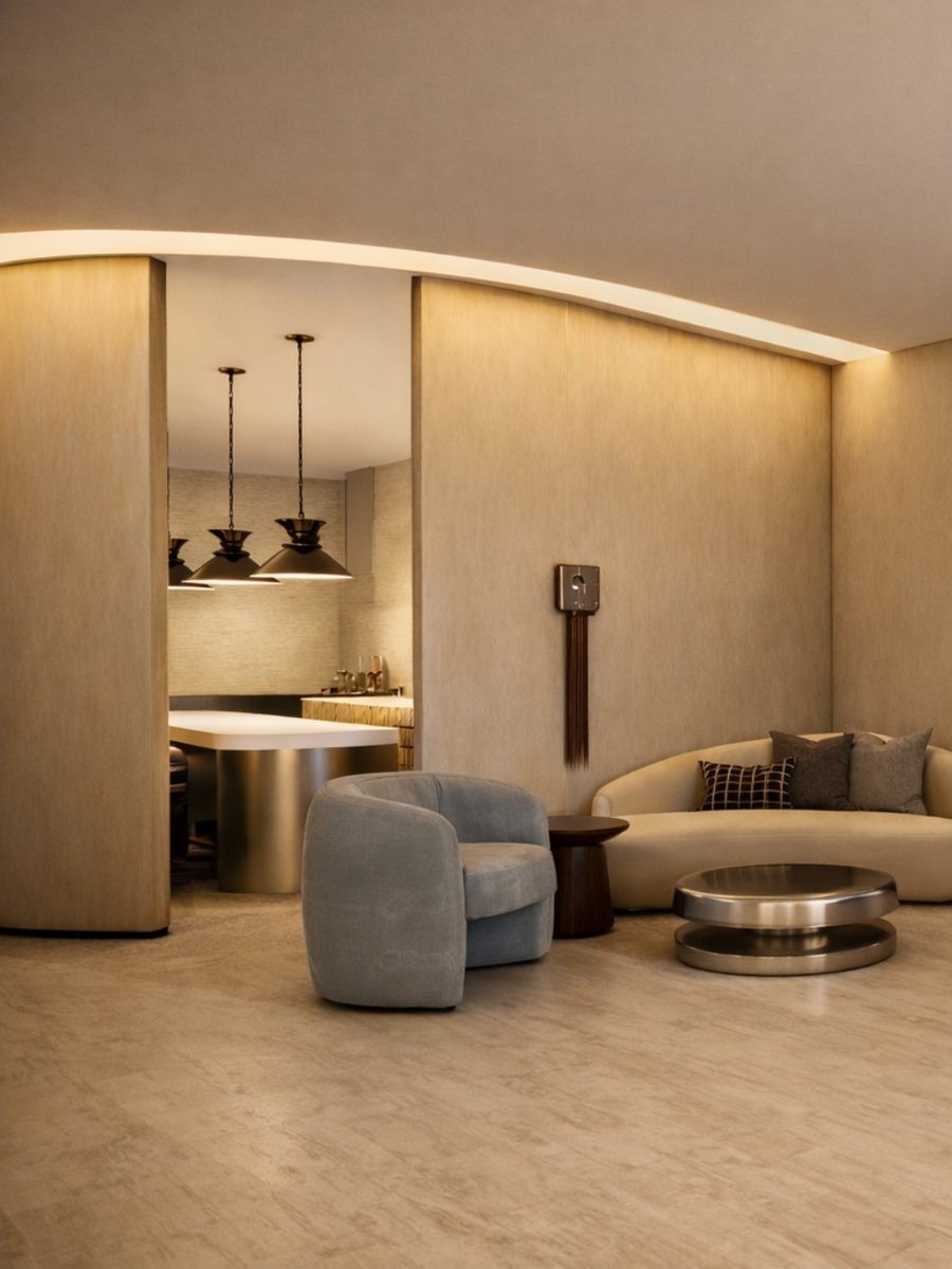 Gardens Clubhouse clubhouse interior design Miami — entry lounge with warm wood tones, sculptural curves, layered lighting and soft neutral palette by IV Atelier