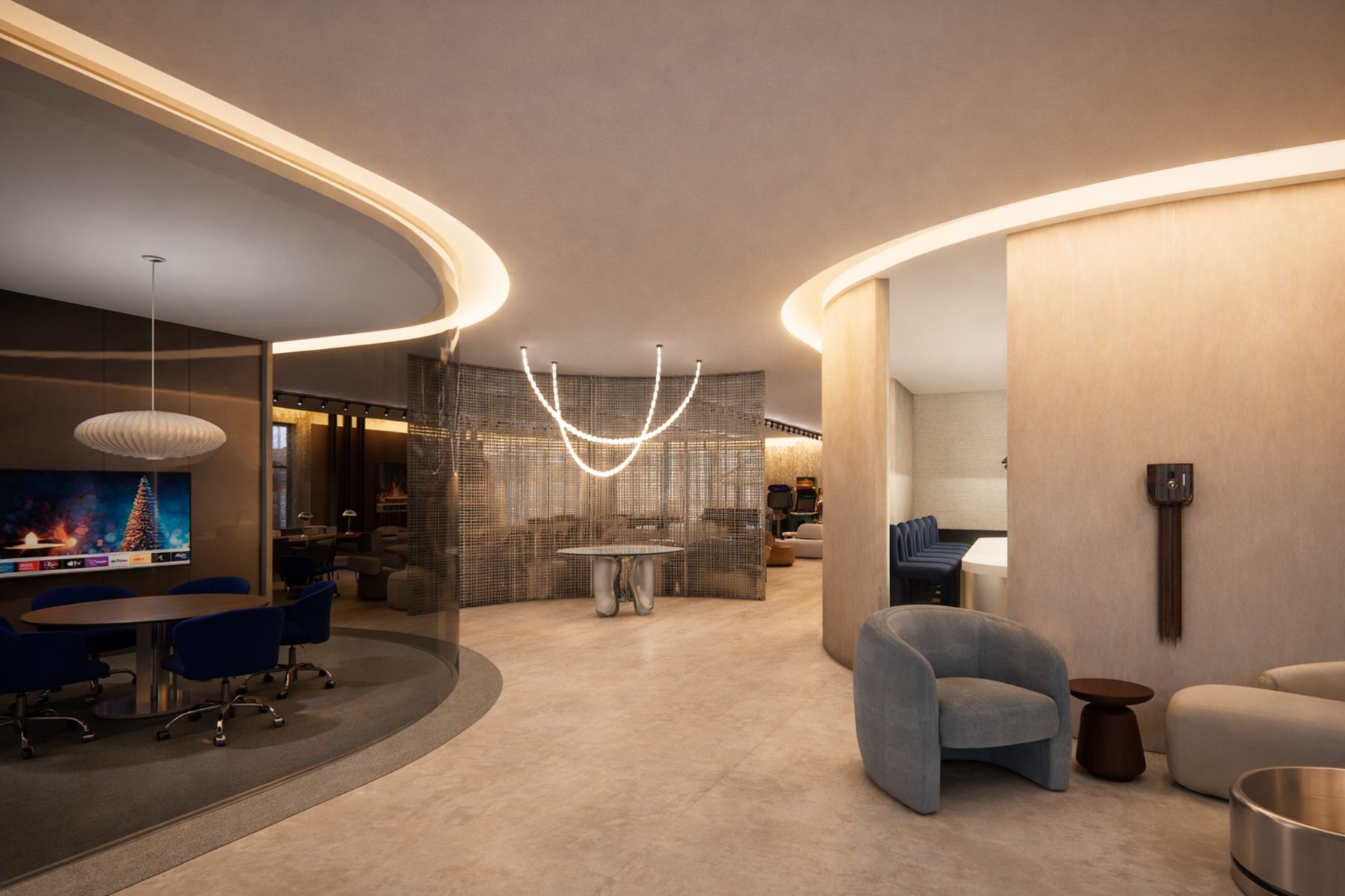 Gardens Clubhouse clubhouse interior design Miami — curved feature walls with integrated shelving, warm sculptural lighting and open social lounge zone, IV Atelier