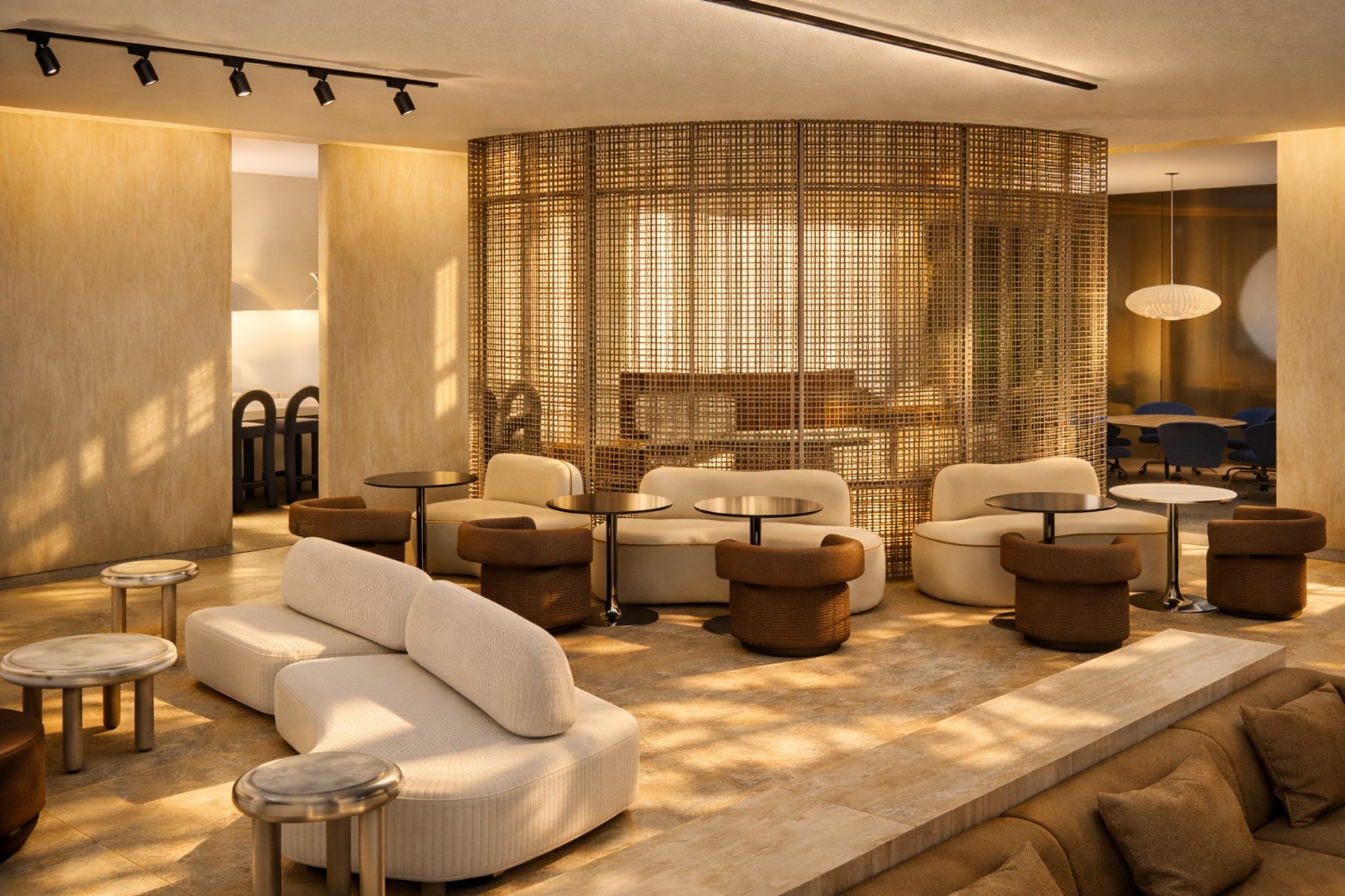 Gardens Clubhouse clubhouse design Miami — resident lounge seating area with woven screen feature wall, layered ambient lighting and soft curved furniture, IV Atelier