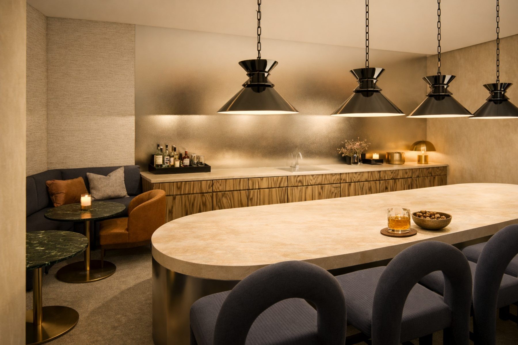 Gardens Clubhouse clubhouse design Miami — resident lounge with layered lighting, textured materials and intimate seating clusters, IV Atelier