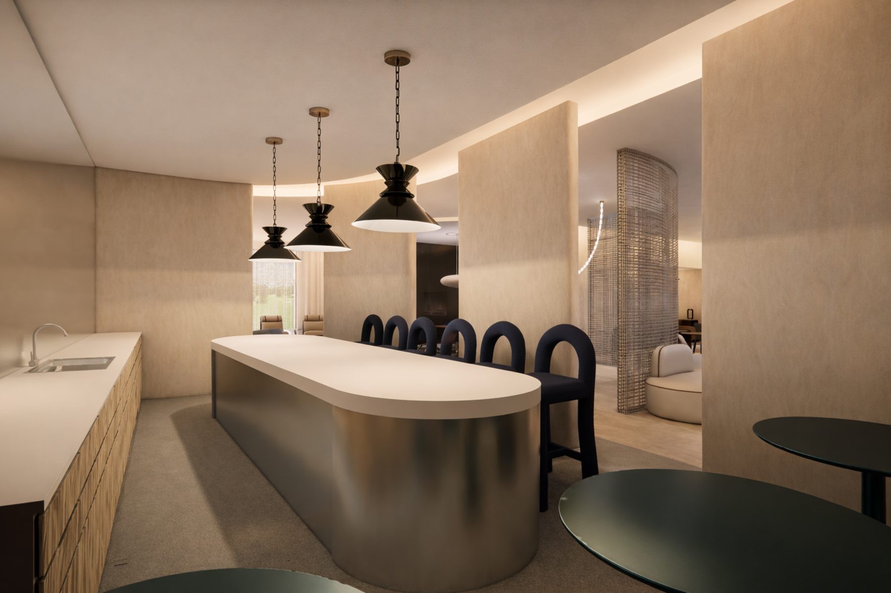 Gardens Clubhouse clubhouse design Miami — kitchen island and social seating area with sculptural pendant lighting and warm wood cabinetry, IV Atelier