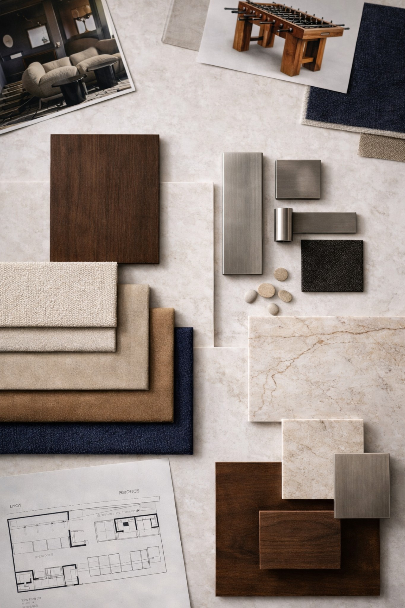 Material palette study for Gardens Clubhouse clubhouse Miami — warm wood veneers, soft neutral textiles, stone and brass hardware selections by IV Atelier