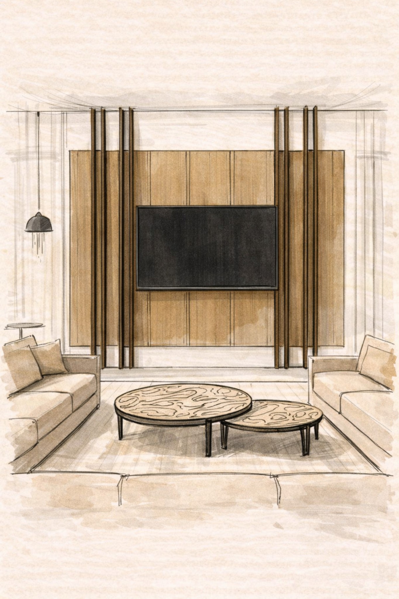 TV feature wall concept sketch for Gardens Clubhouse clubhouse Miami — hand-drawn design exploration by IV Atelier showing millwork detail and integrated display