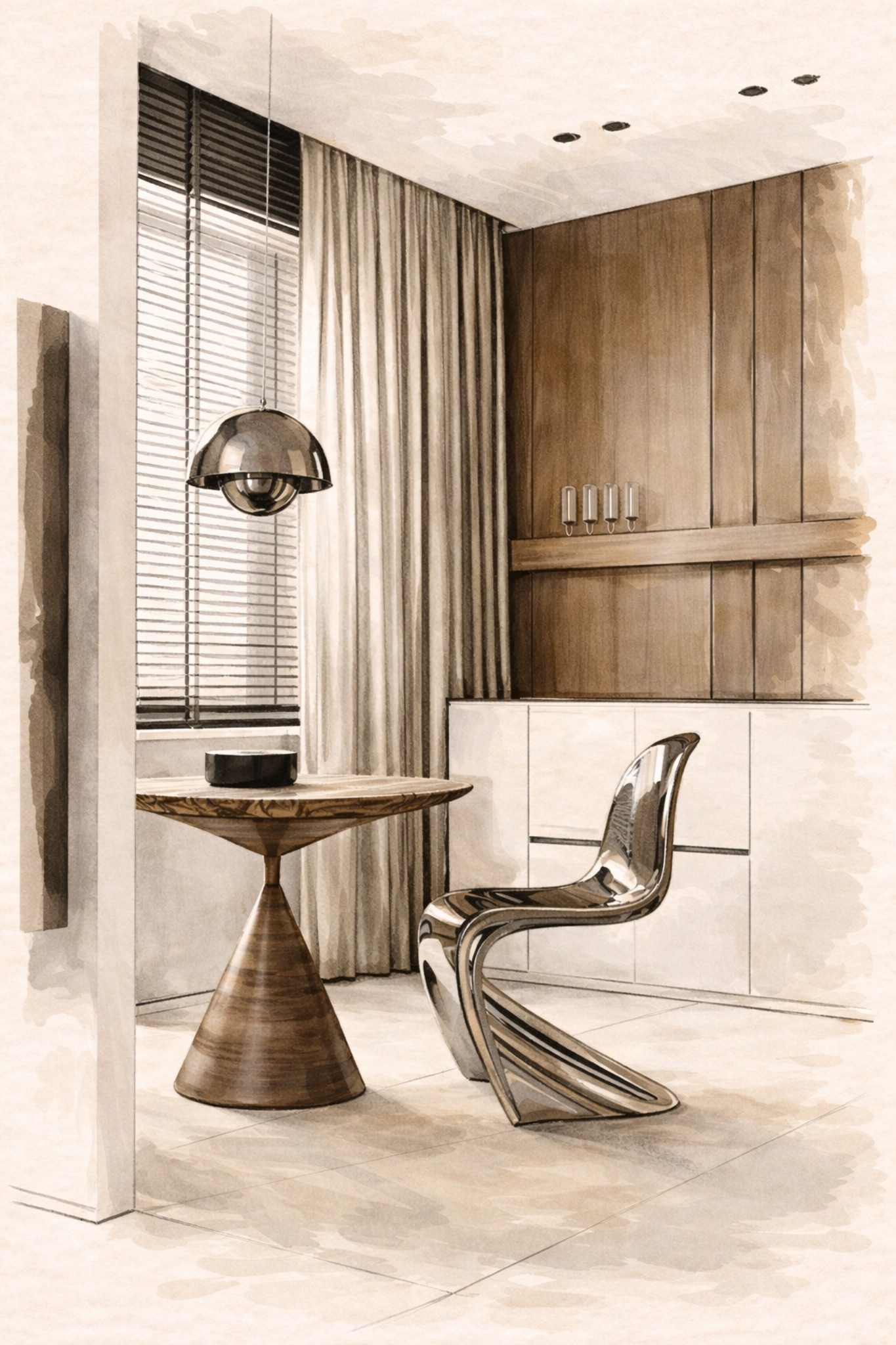 Work nook concept sketch for Gardens Clubhouse clubhouse Miami — IV Atelier hand-drawn co-working alcove design with acoustic panels and task lighting