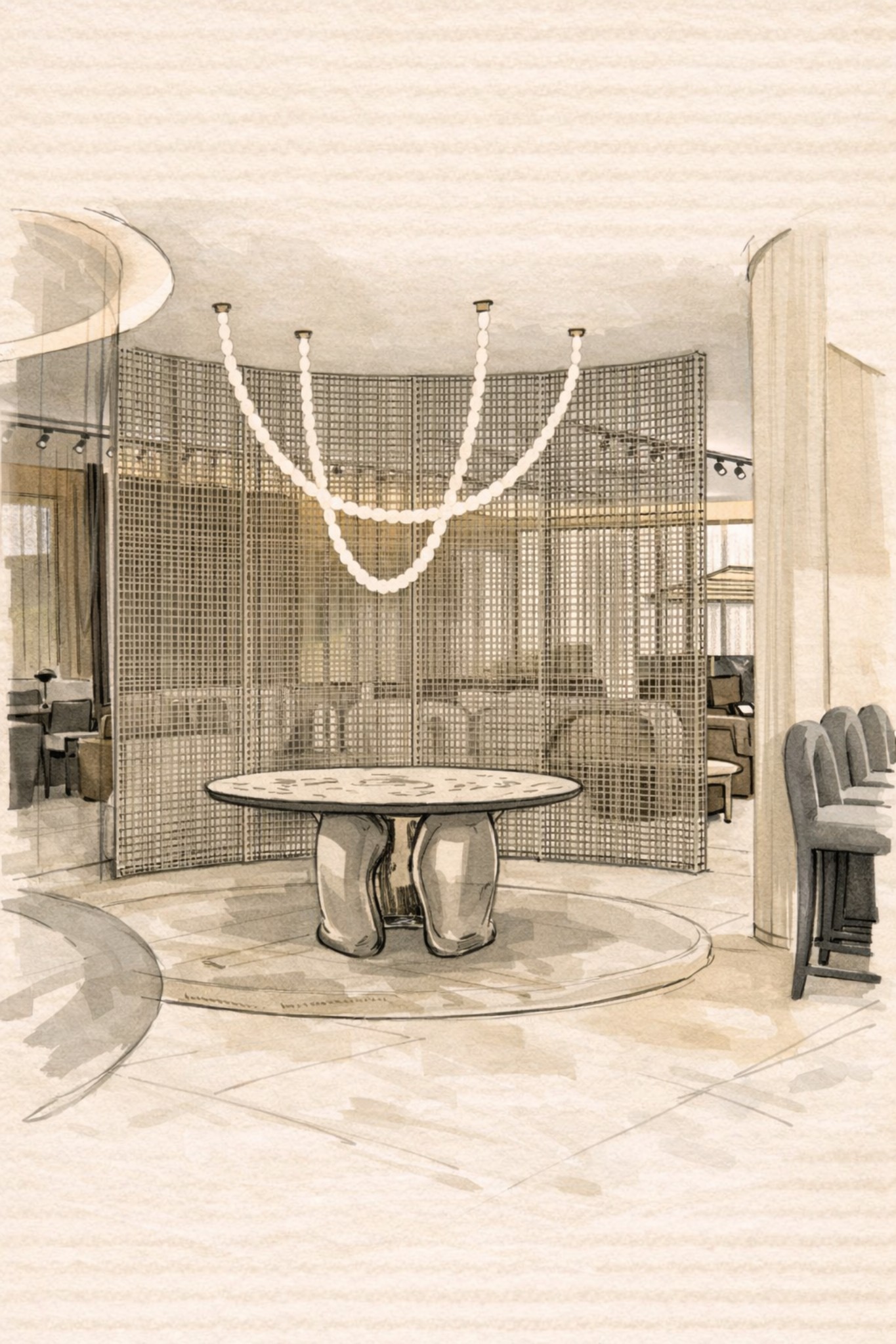 Lounge gathering concept sketch for Gardens Clubhouse clubhouse Miami — IV Atelier hand-drawn social seating layout with curved banquette and soft lighting