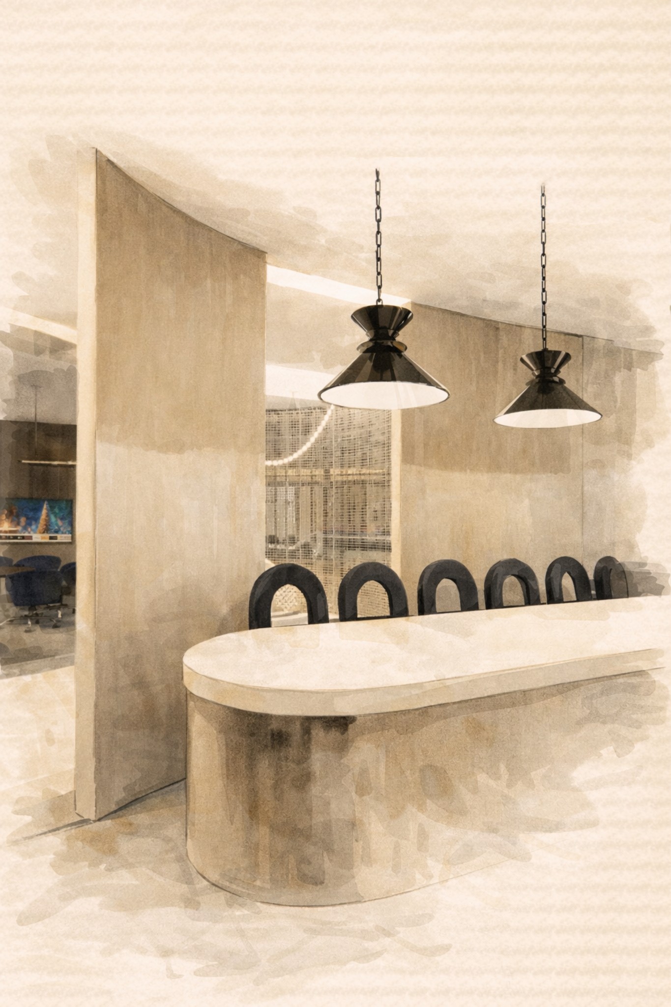 Bar and social counter concept sketch for Gardens Clubhouse clubhouse Miami — IV Atelier hand-drawn bar design with back-bar shelving and counter seating