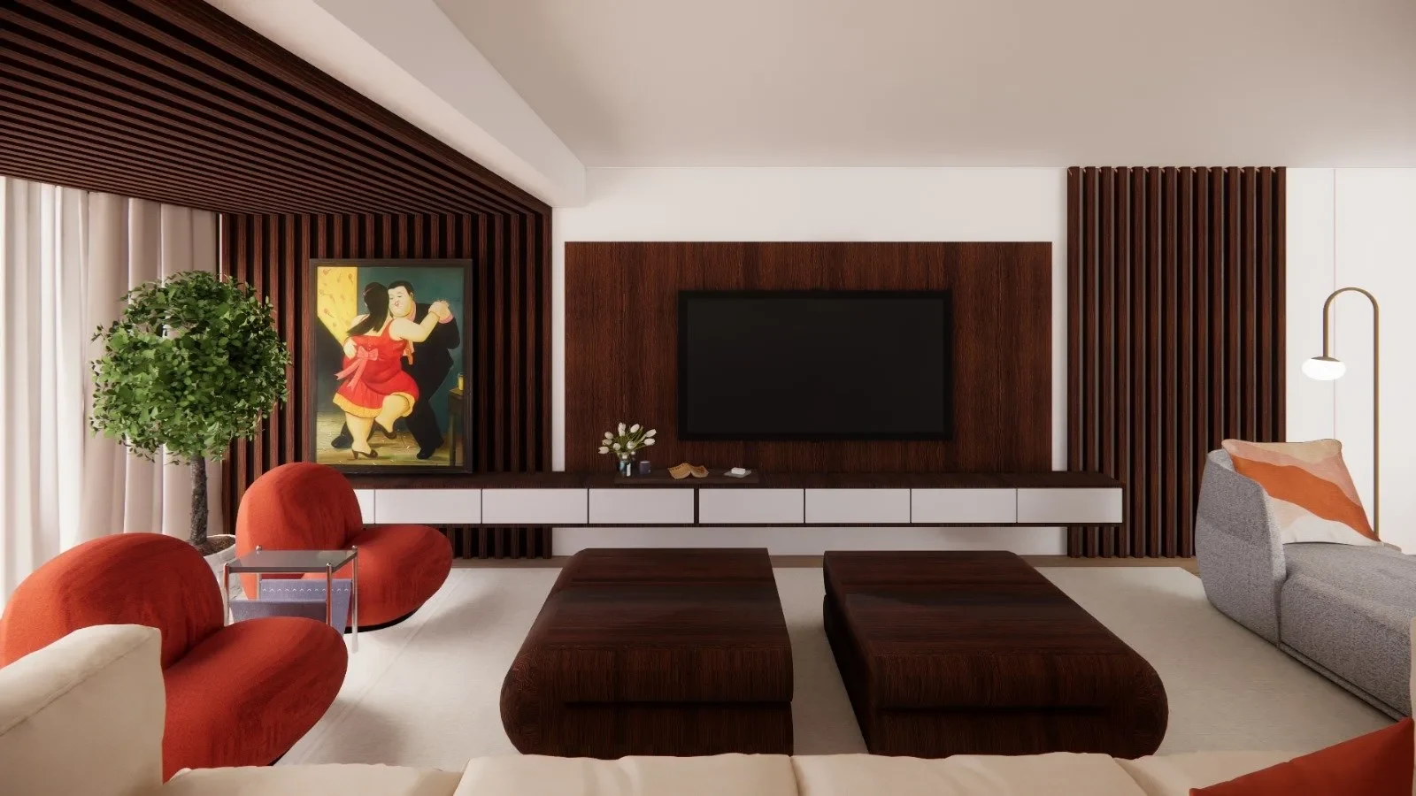 San Souci Residence — 3D render of living room with slatted ceiling, Botero painting and sculptural furniture.