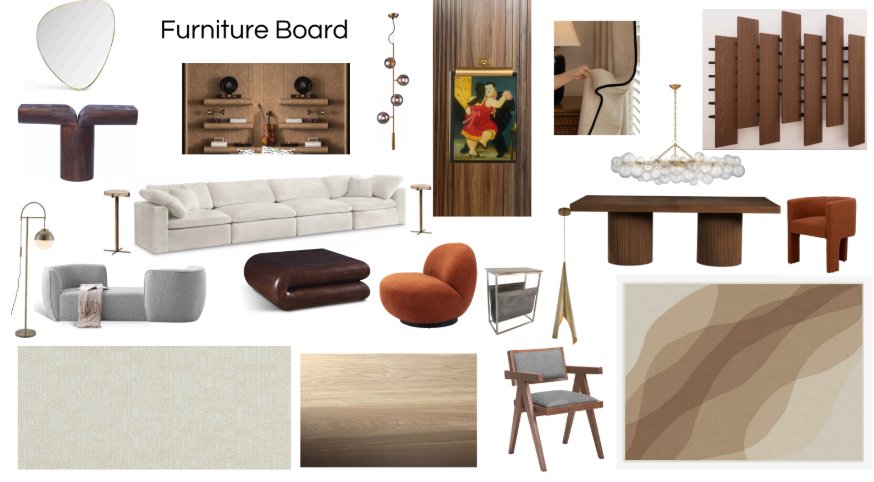 San Souci Residence furniture board — curated selection of sofas, chairs, tables and lighting.