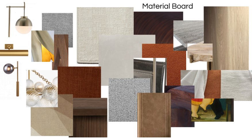 San Souci Residence material board — fabric, wood, leather and metal finish selections.