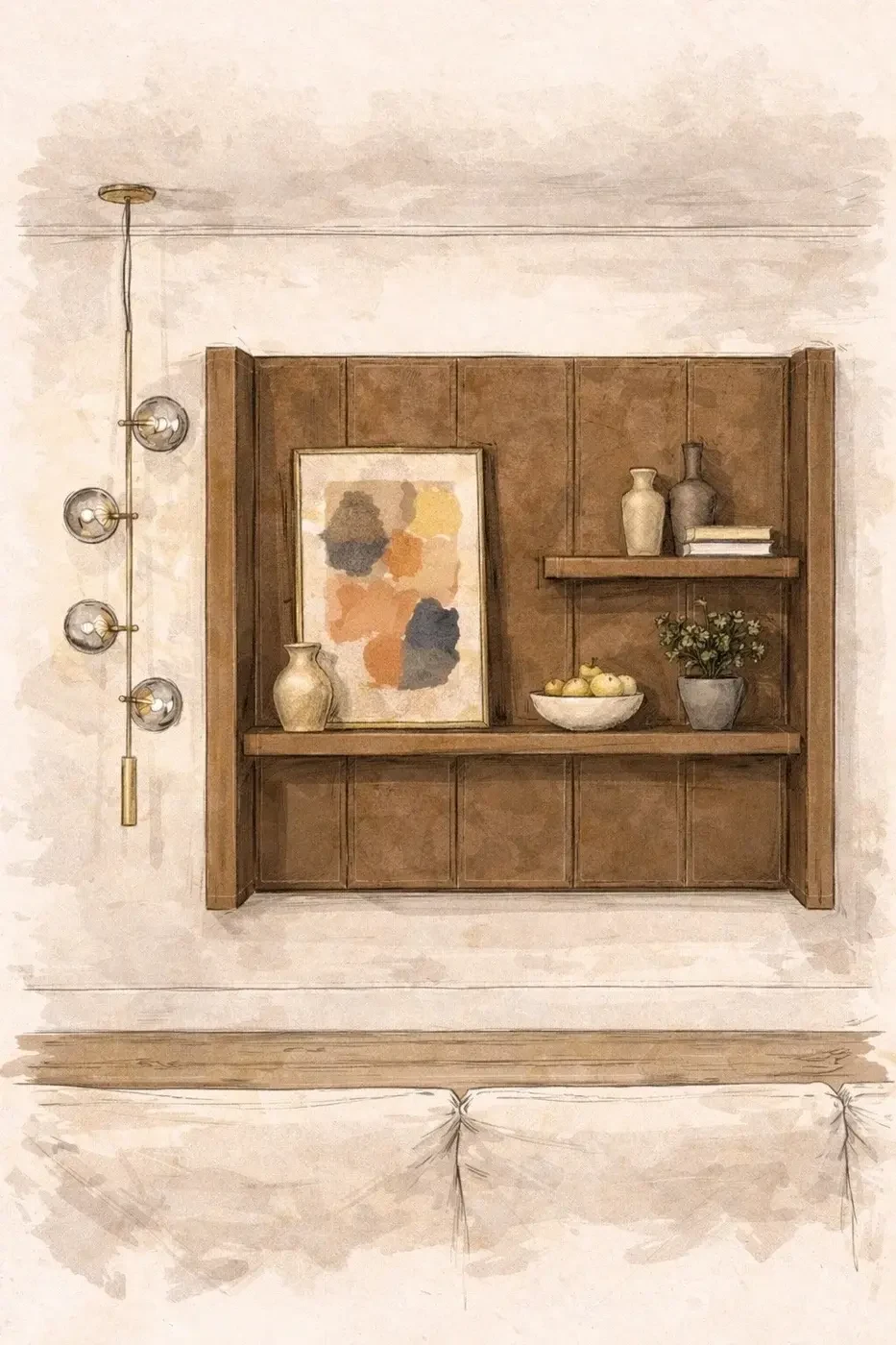 San Souci Residence concept sketch — leather feature wall with floating shelves and globe pendant.