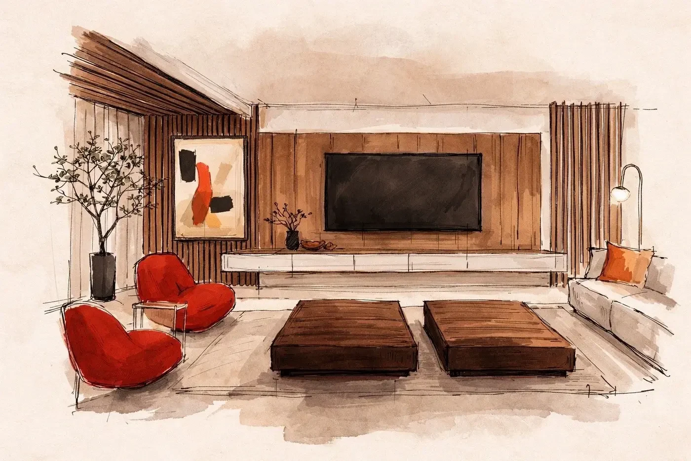 San Souci Residence concept sketch — living room with slatted wood wall and sculptural furniture.